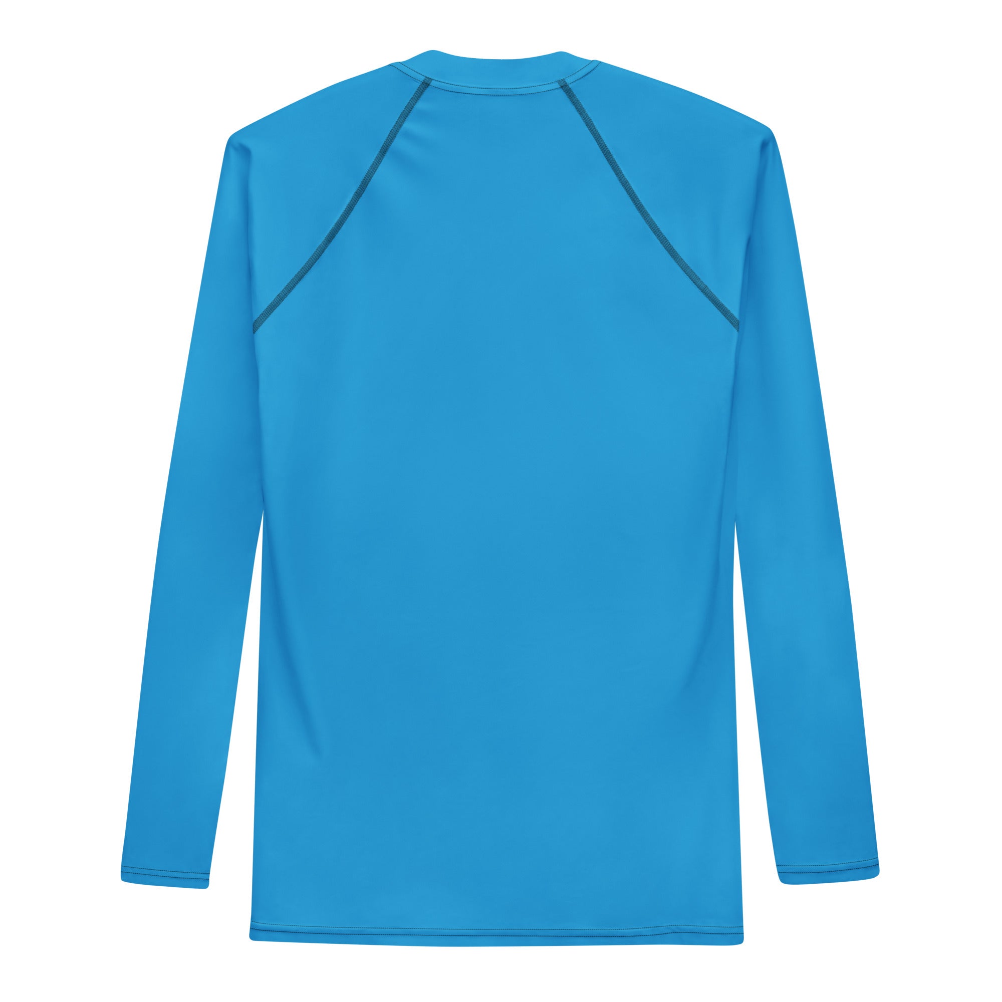 A bright blue long-sleeve rash guard laid flat to display the back, featuring dark blue stitching along the raglan seams and a clean, unprinted surface.