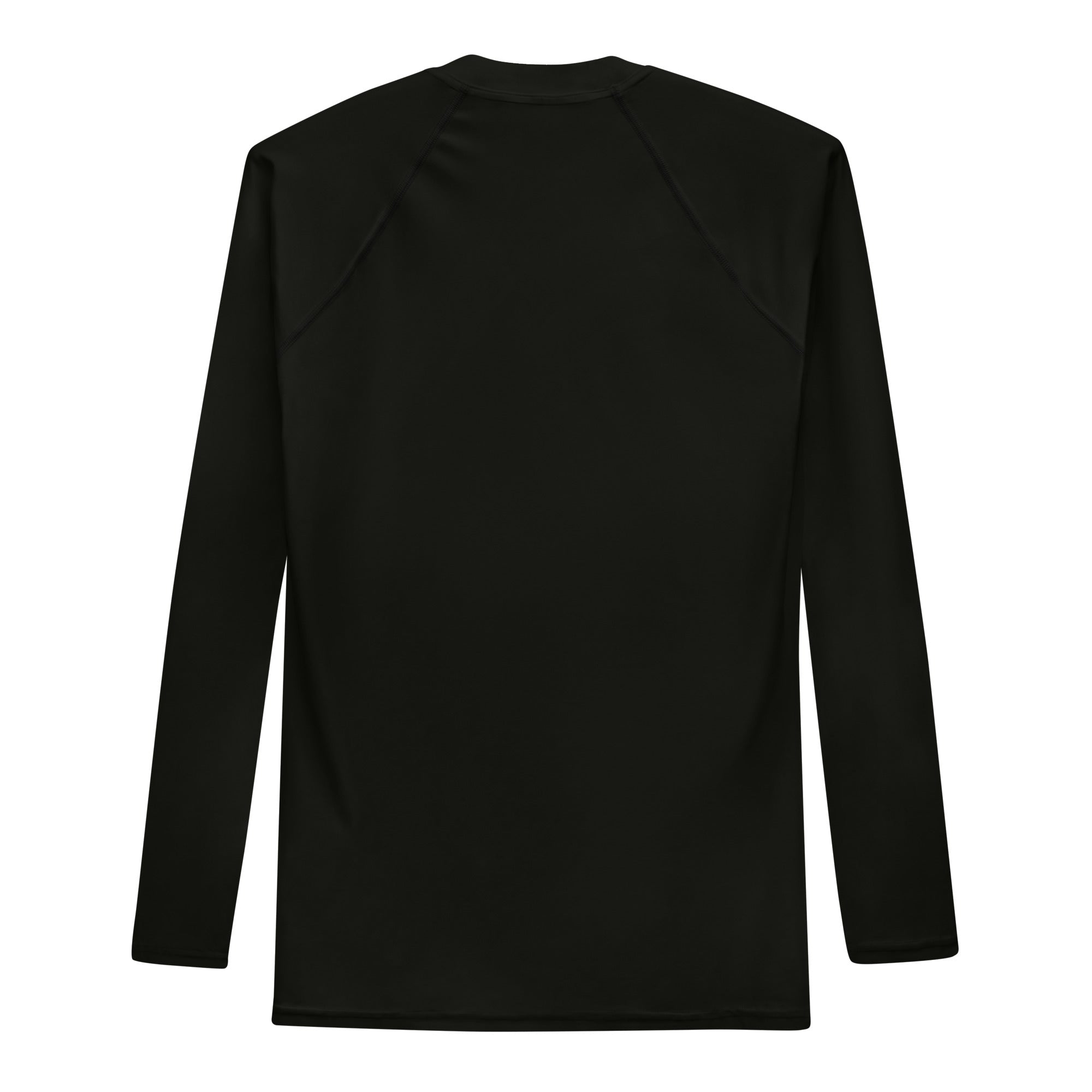 A black long-sleeve rash guard shown flat with no visible graphics, highlighting the curved raglan seam construction.