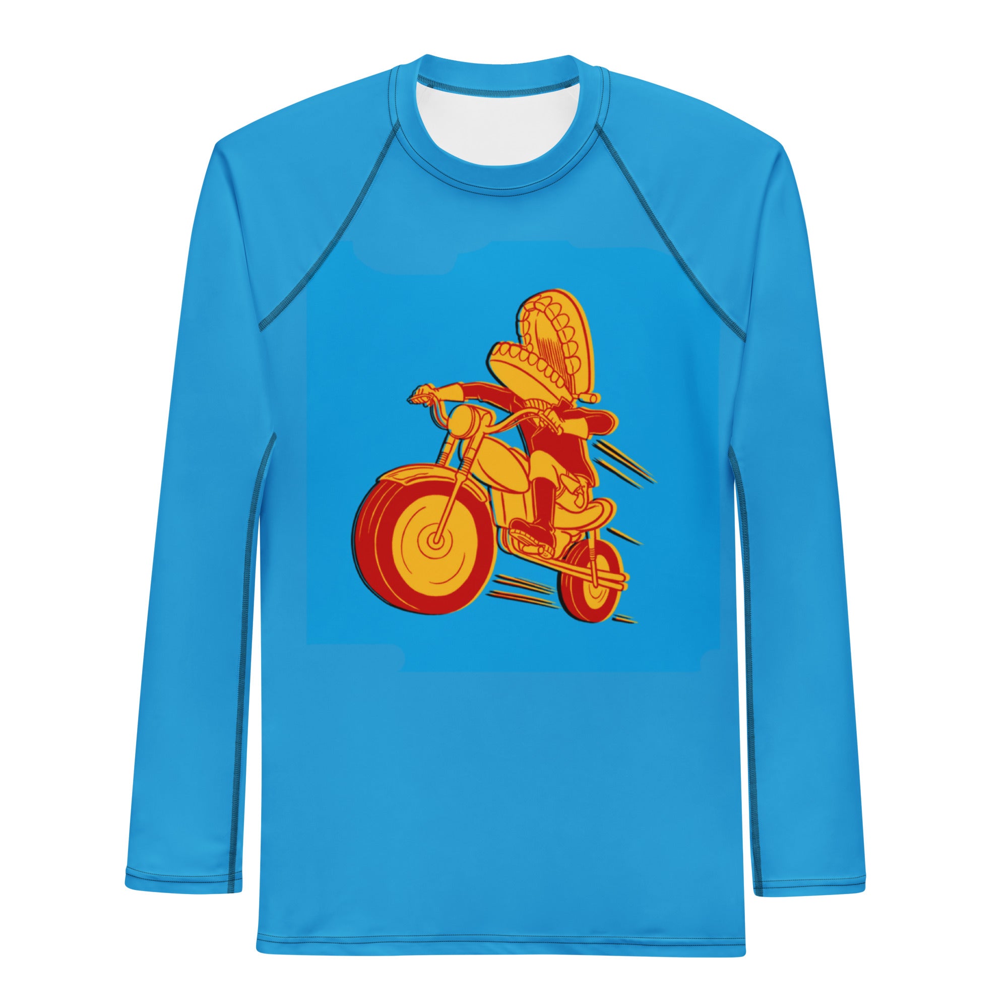 A bright blue long-sleeve rash guard laid flat to display the front, featuring a large central graphic of a red and yellow illustrated character with chattering teeth for a head, riding a motorcycle, positioned mid-motion with speed lines.