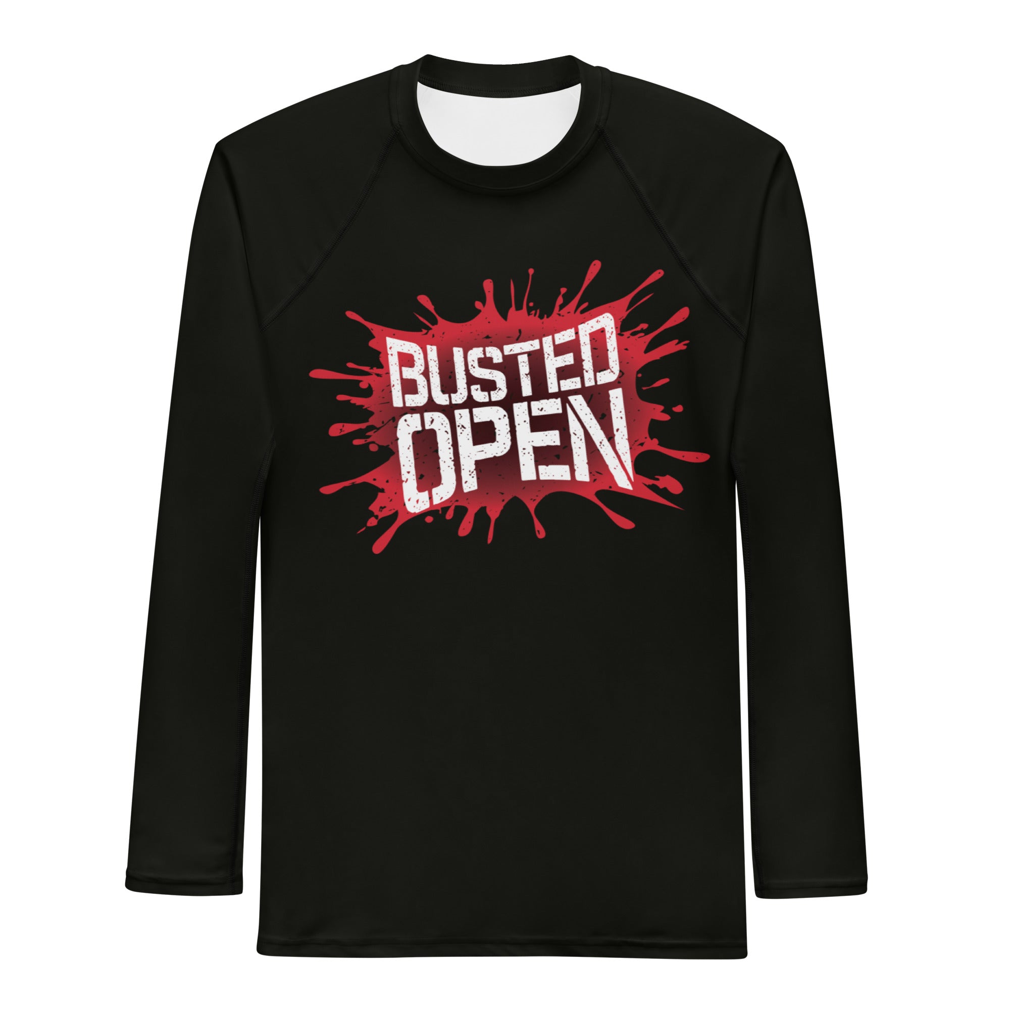 A black long-sleeve rash guard laid flat featuring a large graphic in the center with a red paint splatter design and the white, distressed text 'BUSTED OPEN'.