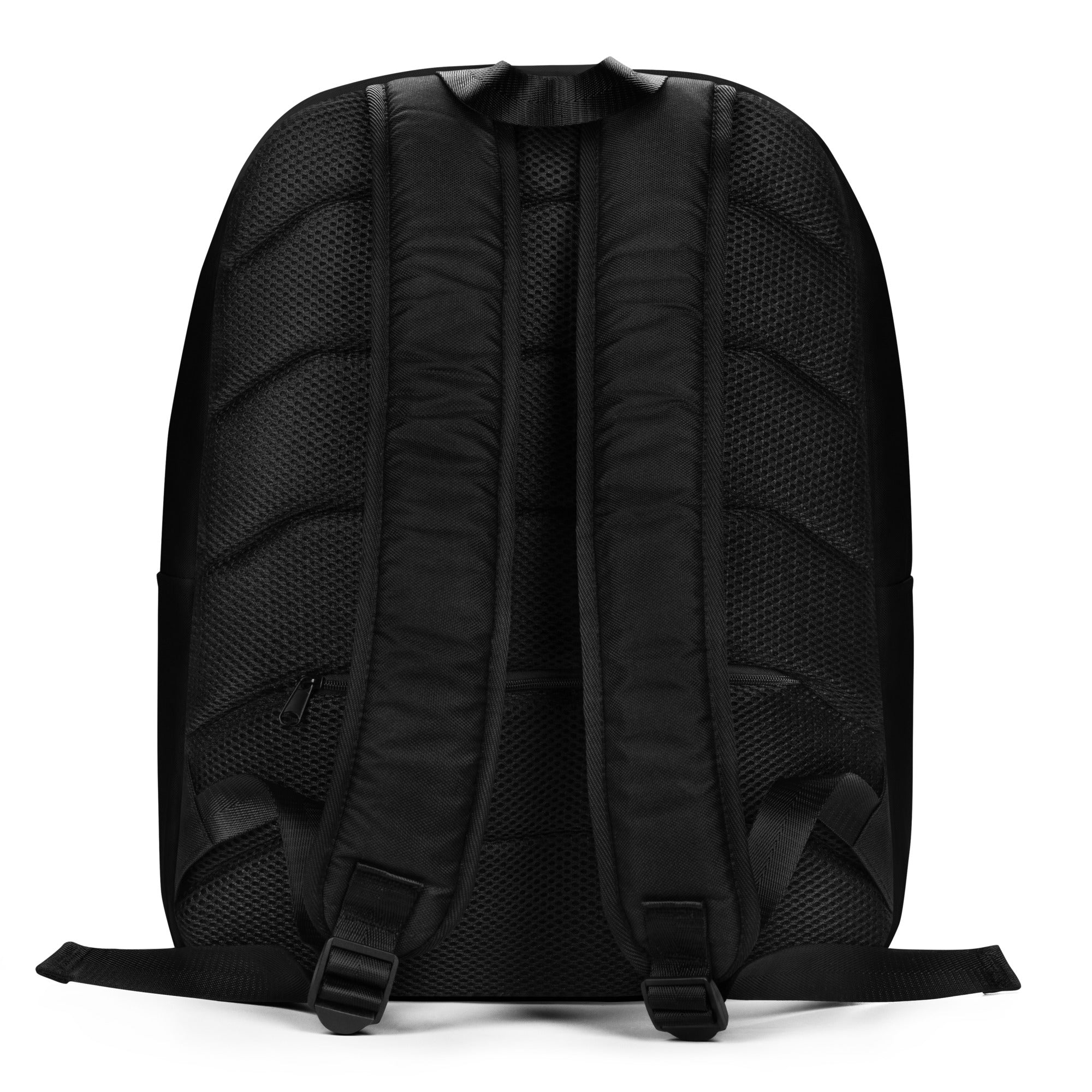 Black backpack with padded shoulder straps and mesh back, designed for comfort and ventilation.
