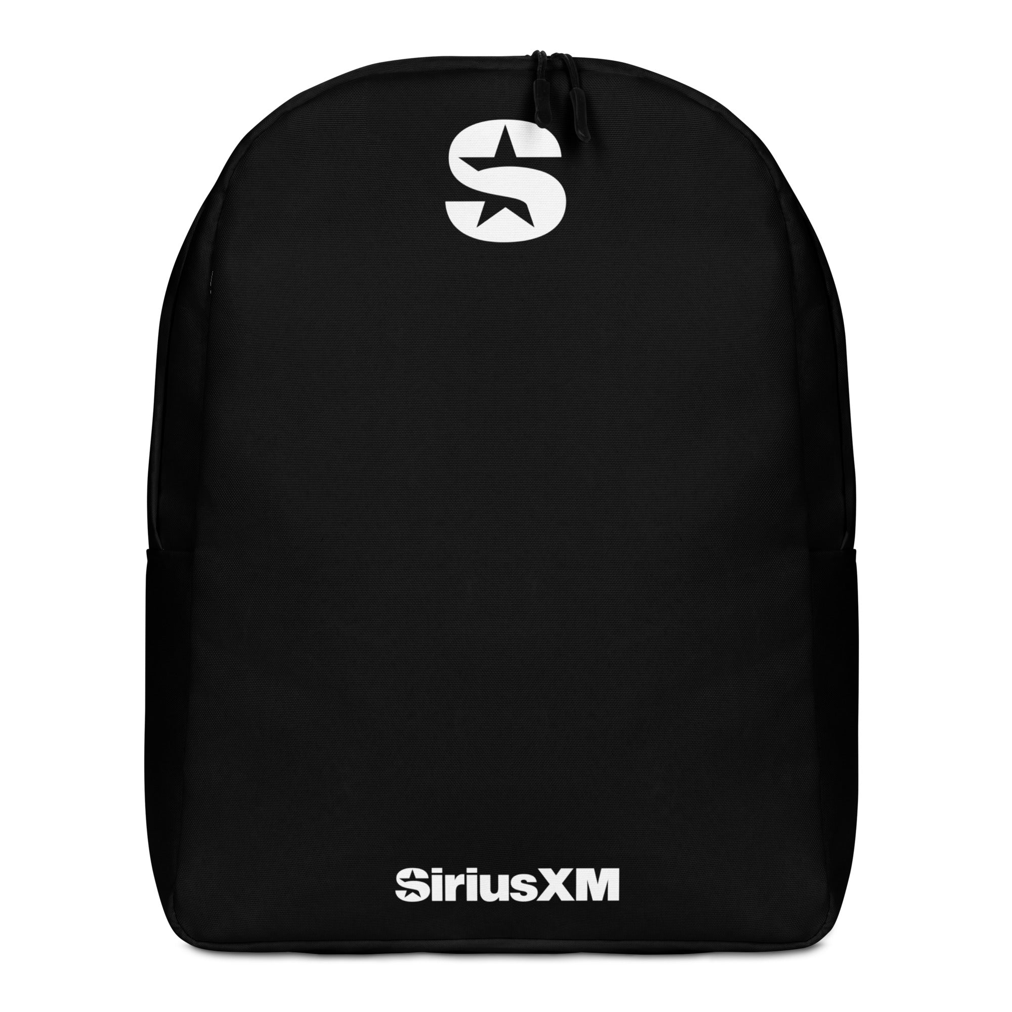 Black backpack with 'SiriusXM' logo on front and shoulder straps. Simple design, suitable for casual use.