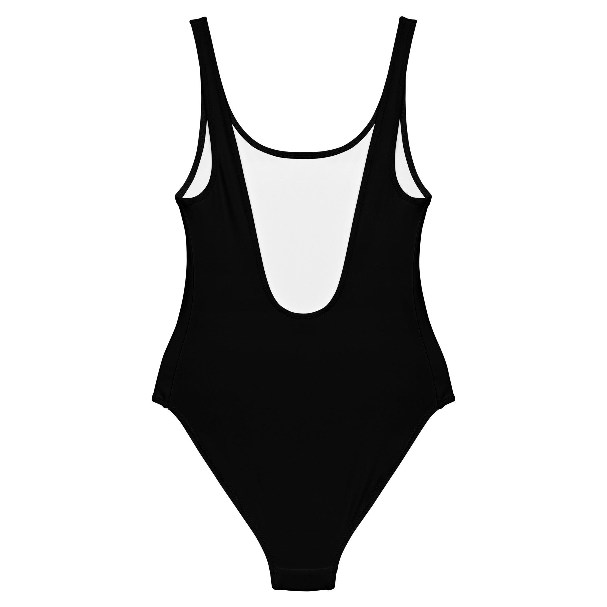 A black one-piece swimsuit displayed from the back, featuring a low scoop cut and white interior lining.