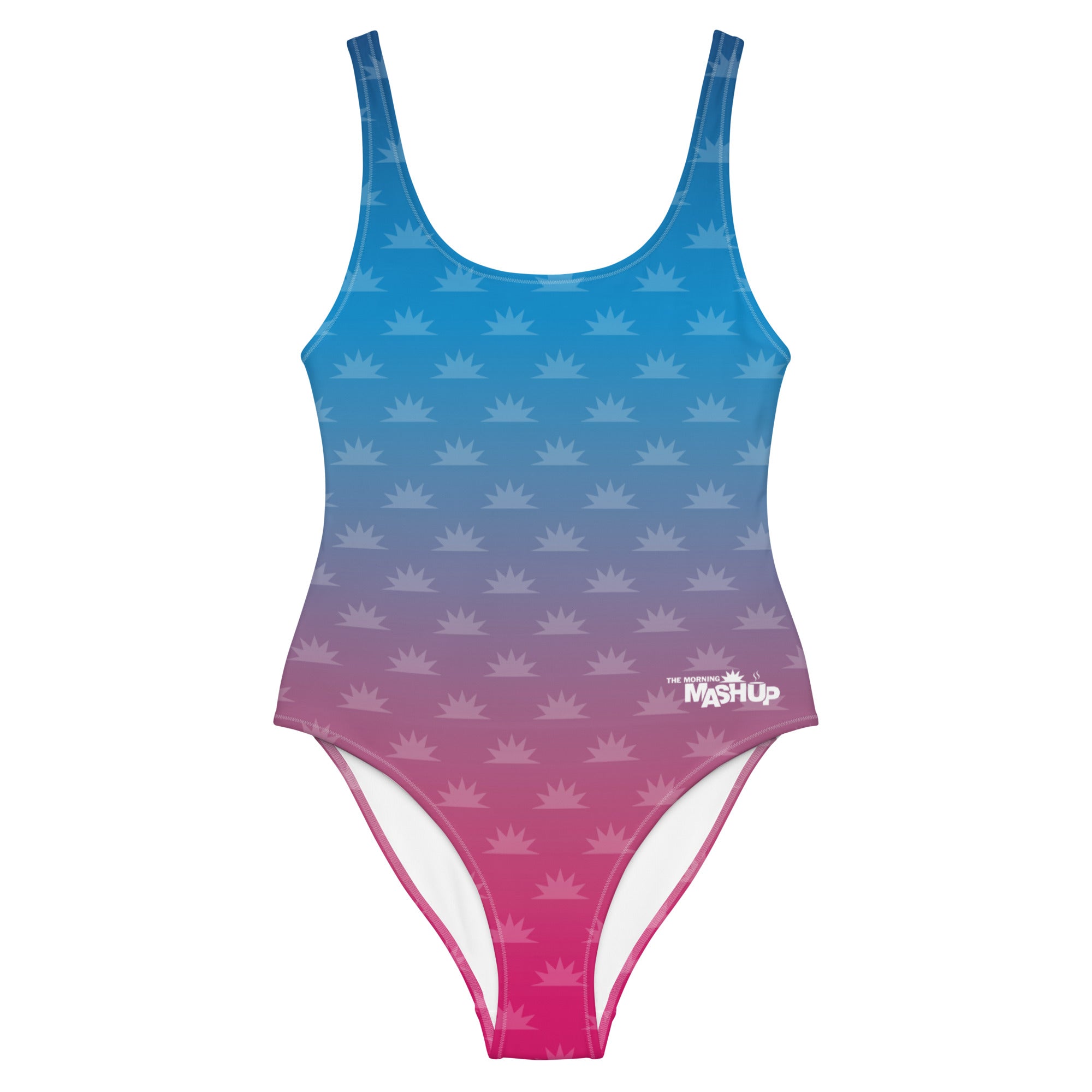 Swimwear design featuring a gradient blue to pink color scheme with a crown pattern, and a logo that reads 'THE MORNING MASHUP.'