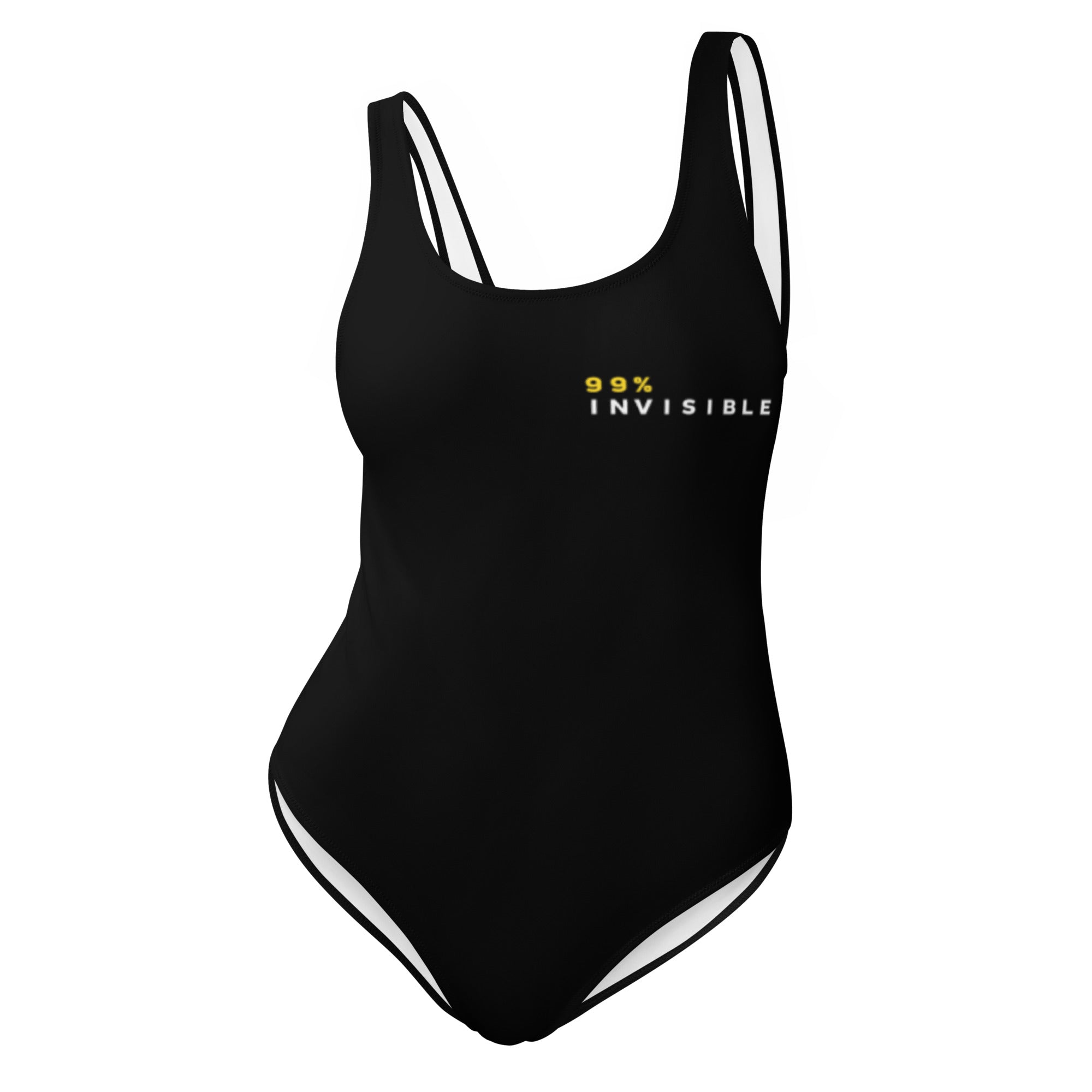 A black one-piece swimsuit displayed against a white background with the text '99% INVISIBLE' in yellow and white printed on the left chest.