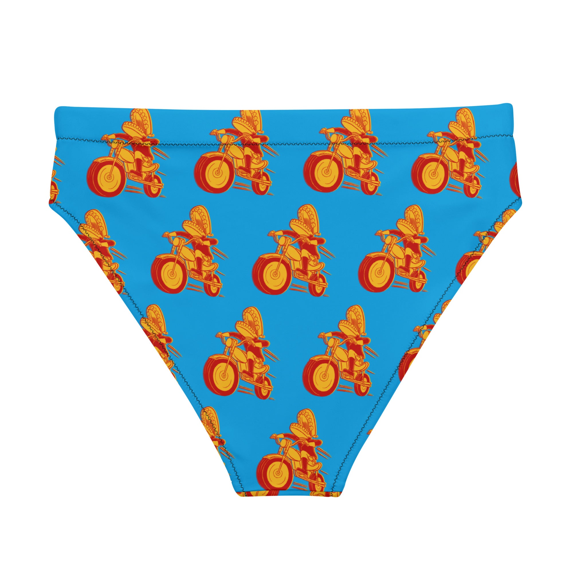 A flat lay of a blue high-waisted bikini bottom with a repeating pattern of a red and yellow cartoon character riding a motorcycle, shown from the back.