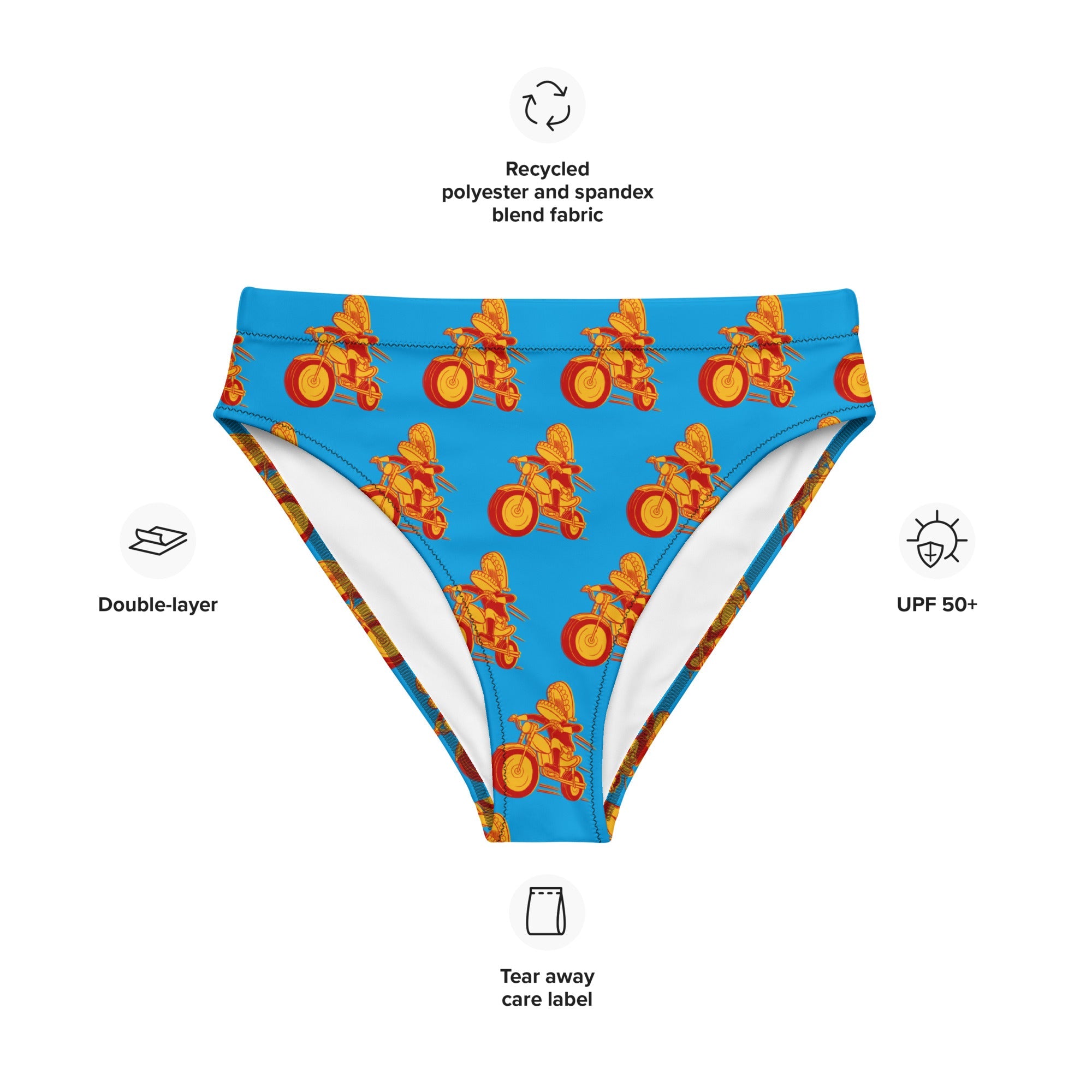 A blue high-waisted bikini bottom with a repeating motorcycle character pattern, displayed with surrounding icons highlighting features like 'Recycled fabric', 'Double-layer', 'UPF 50+', and 'Tear away care label'.