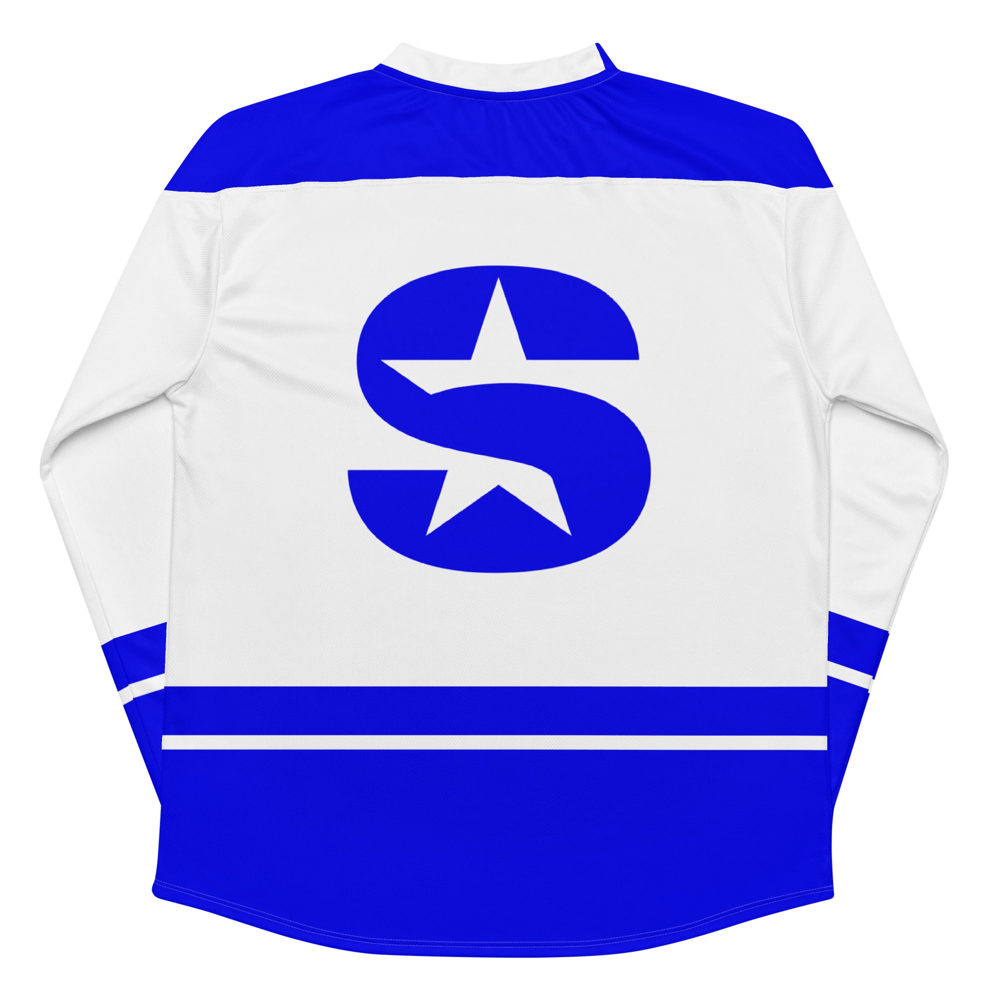 Back of white hockey jersey with blue sleeves and a large blue 'S' logo featuring a star.