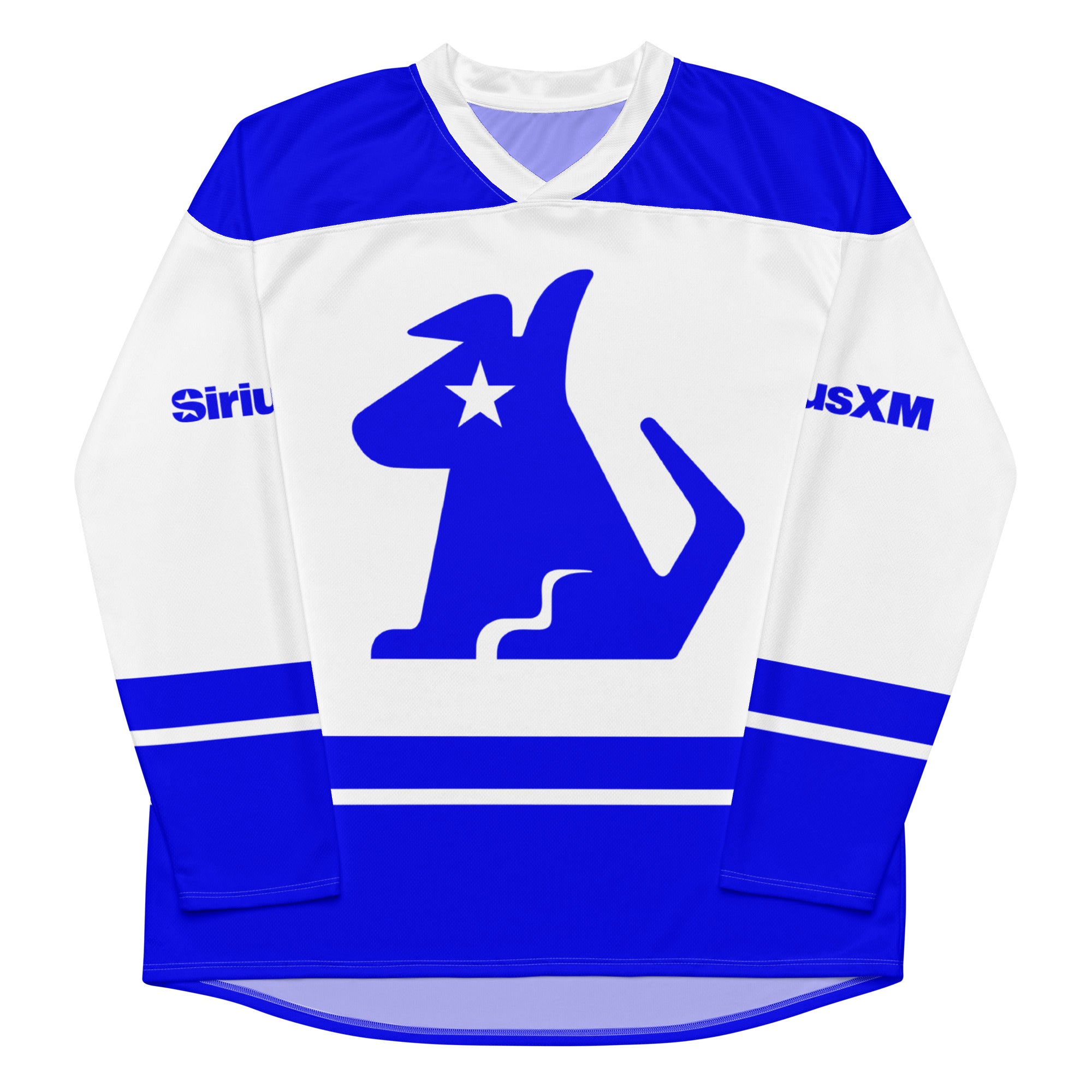 Blue and white hockey jersey featuring a dog logo and SiriusXM text on sleeves.