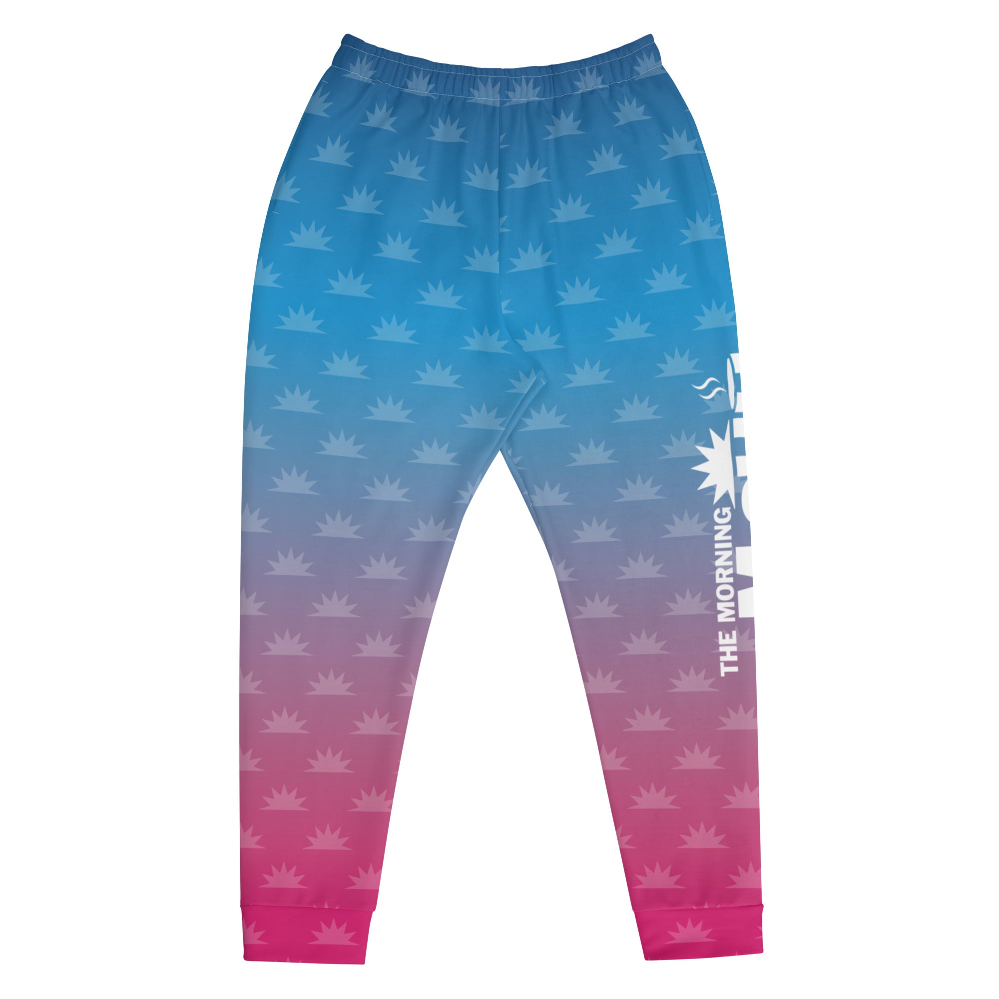 Gradient blue and pink joggers with a crown pattern and the logo 'THE MORNING MASHUP' printed on the side.