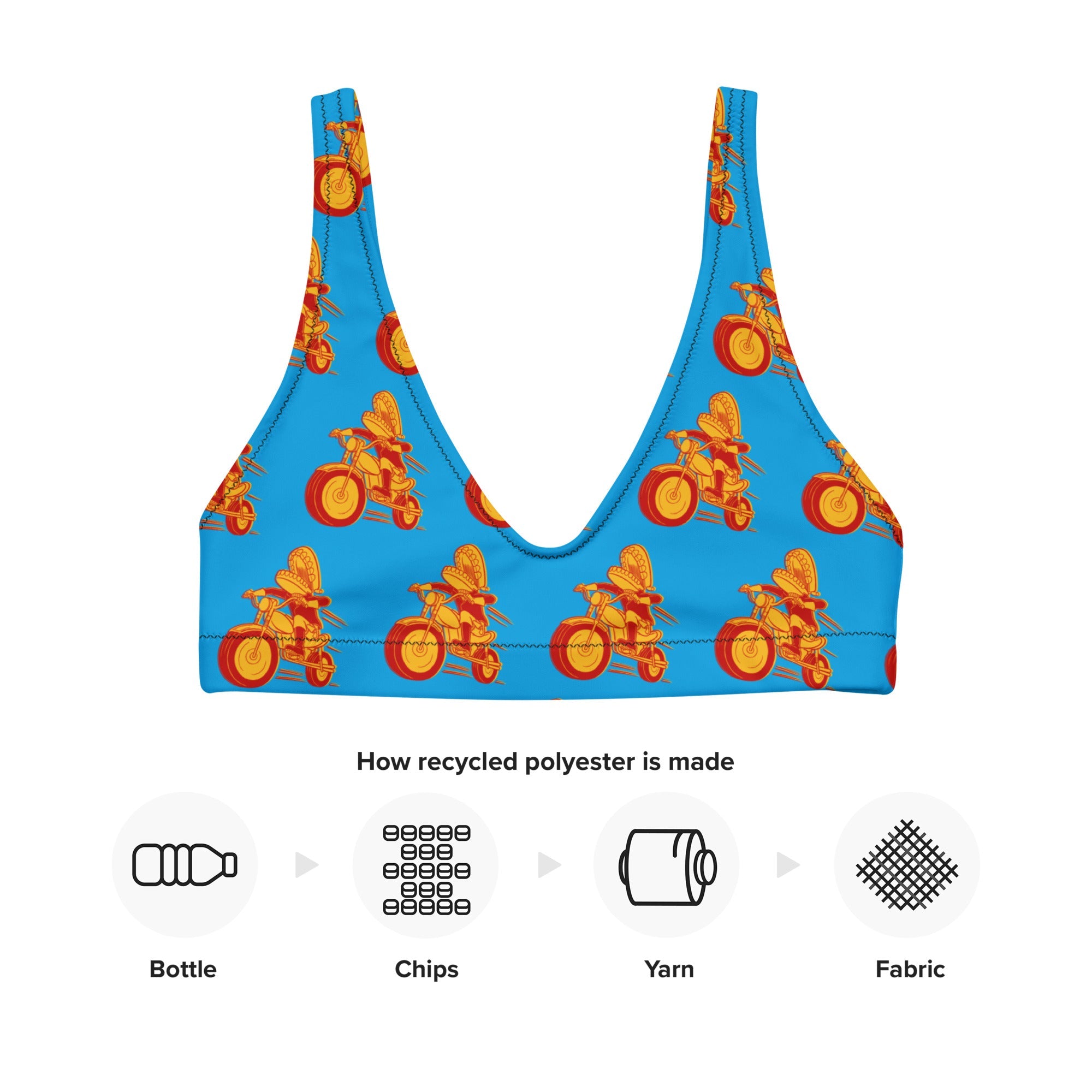 A flat lay of a blue bikini top with red and yellow motorcycle print, shown with a recycling infographic below illustrating the process from plastic bottle to recycled polyester fabric.