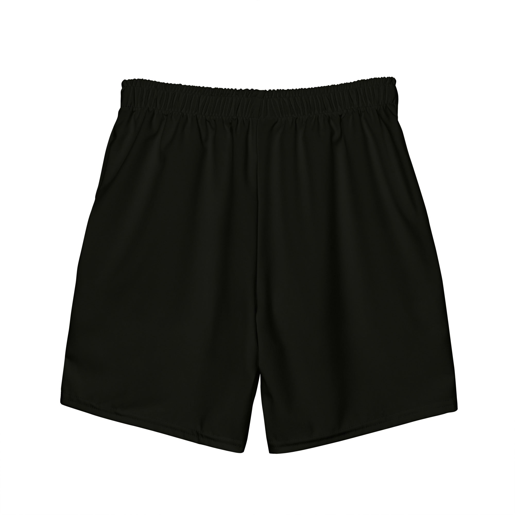 Back view of plain black swim trunks with an elastic waistband.