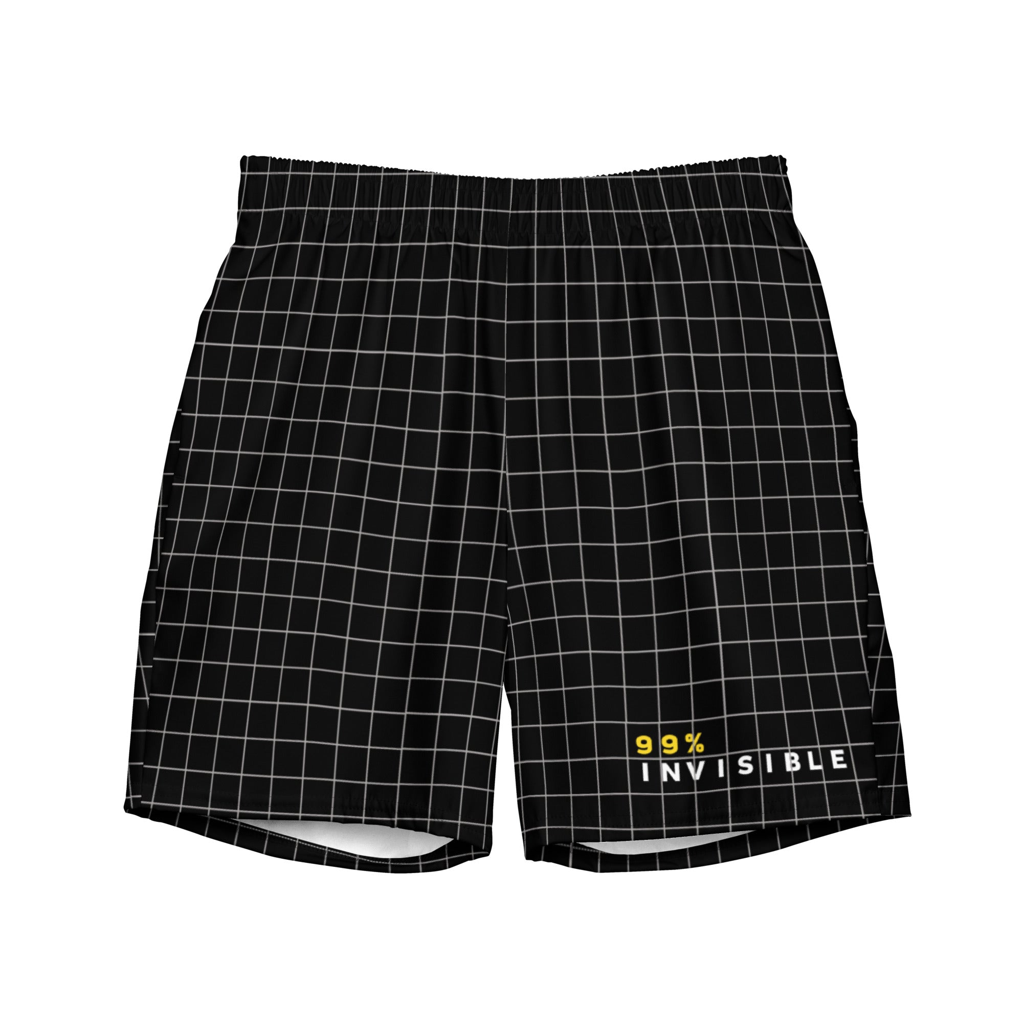 A pair of black men's swim trunks featuring a white grid pattern and the text '99% INVISIBLE' in white and yellow near the bottom right hem.