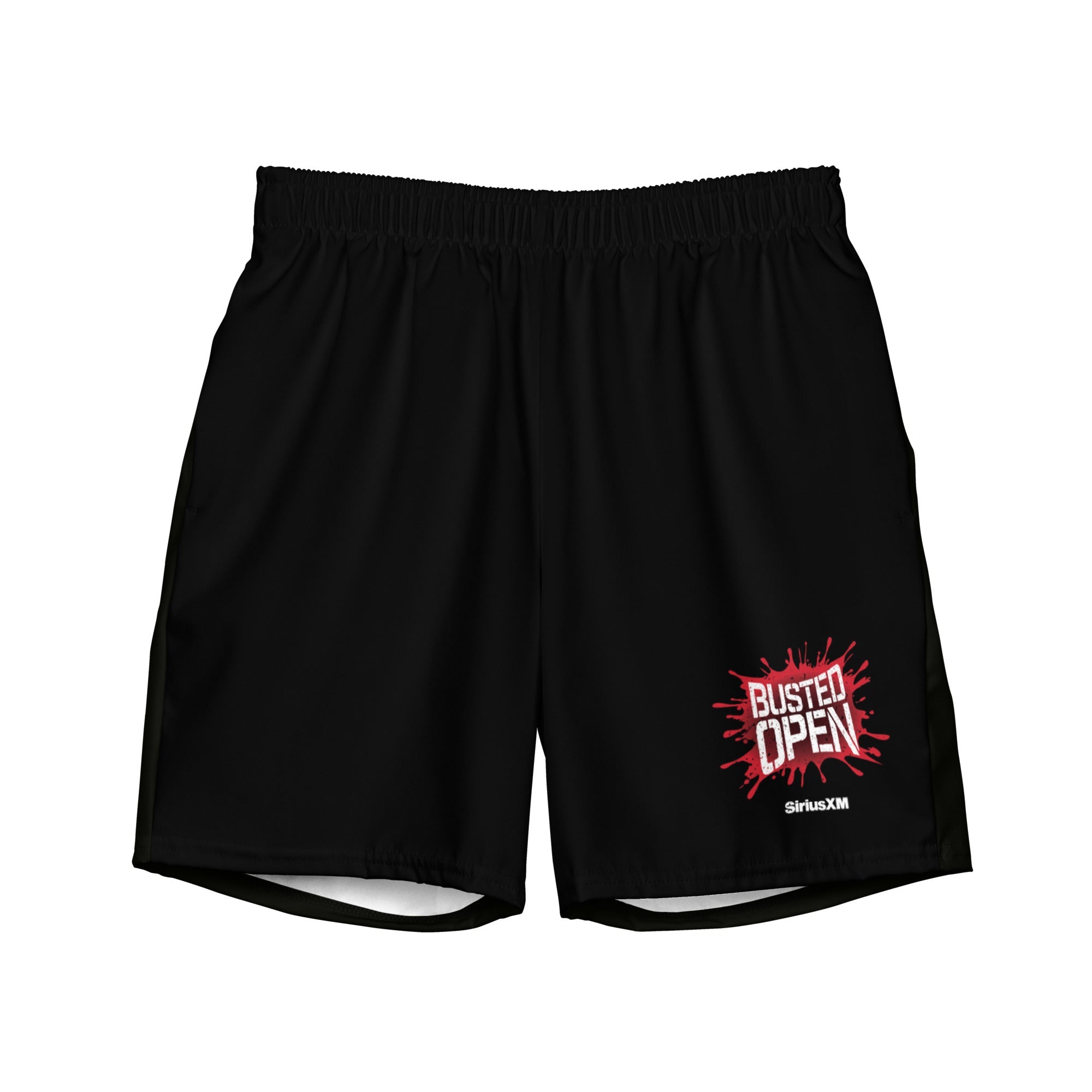 Lay Flat image of black swim trunks with the red and white “BUSTED OPEN” logo on the front left leg.