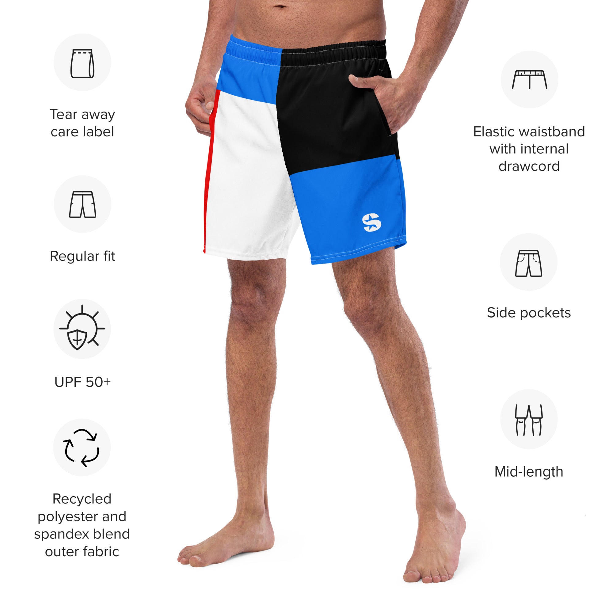 A man wearing mid-length swim trunks with red, white, blue, and black color blocking and 'S' SiriusXM logo in white on the blue section of the thigh, shown standing barefoot with product features labeled around him, including 'UPF 50+', 'Side pockets', 'Elastic waistband with drawcord', and 'Recycled polyester blend'.