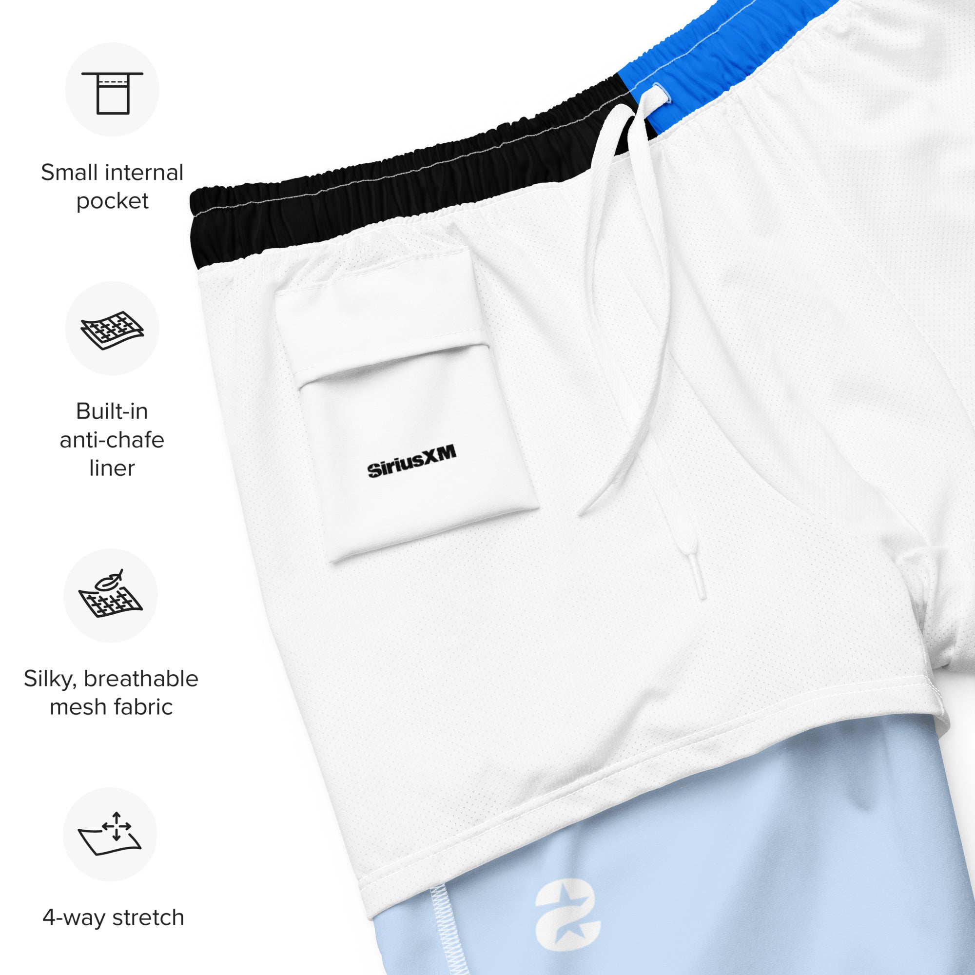 A close-up view of the inside of the swim trunks showing the white mesh anti-chafe liner, small internal pocket with 'SiriusXM' logo, and a drawcord waistband, with labeled features surrounding the image.