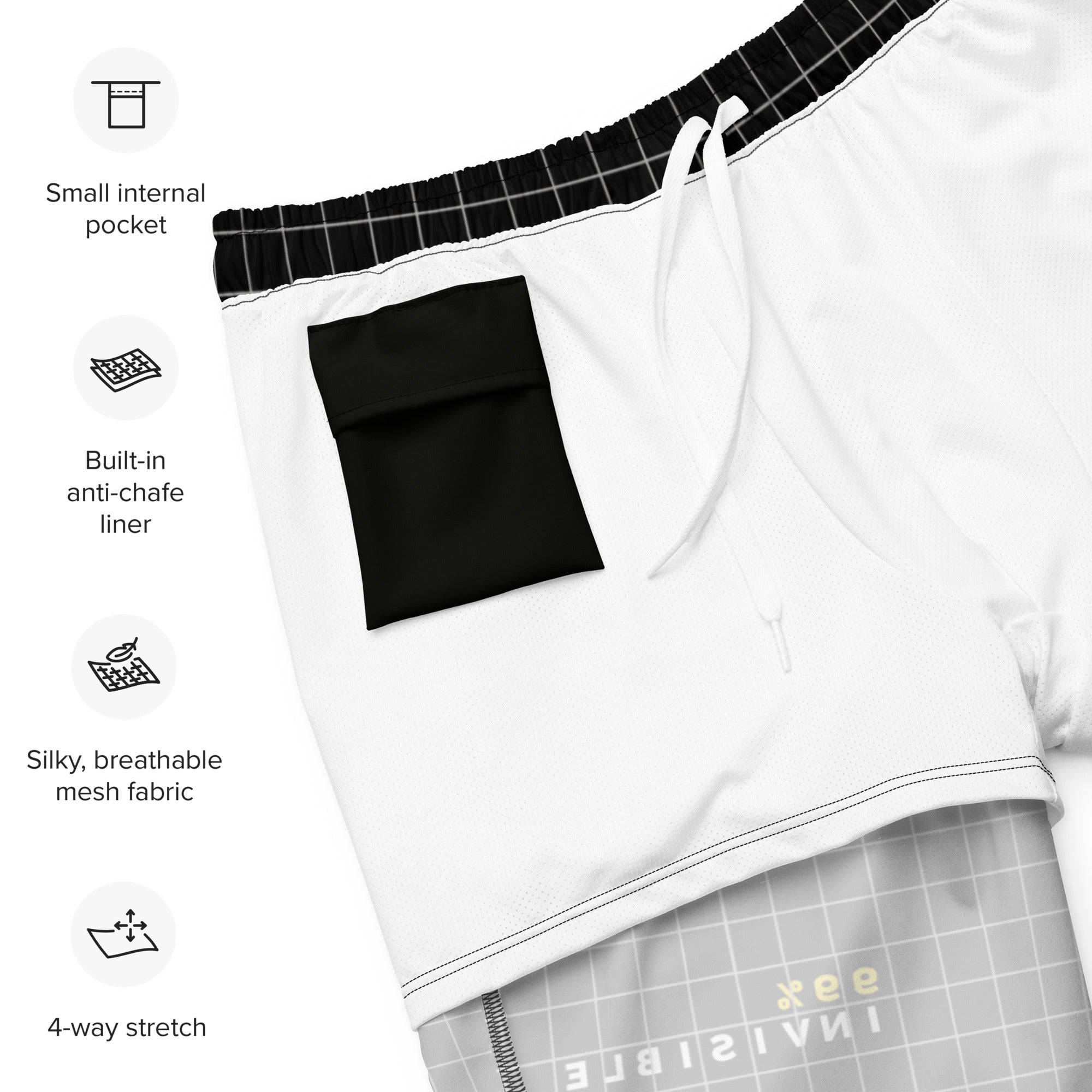 A close-up of the inside of the swim trunks showing a white mesh anti-chafe liner, a small black internal pocket, and an elastic waistband with a white drawstring. The interior shorts layer faintly displays the reversed '99% INVISIBLE' grid pattern through the fabric.