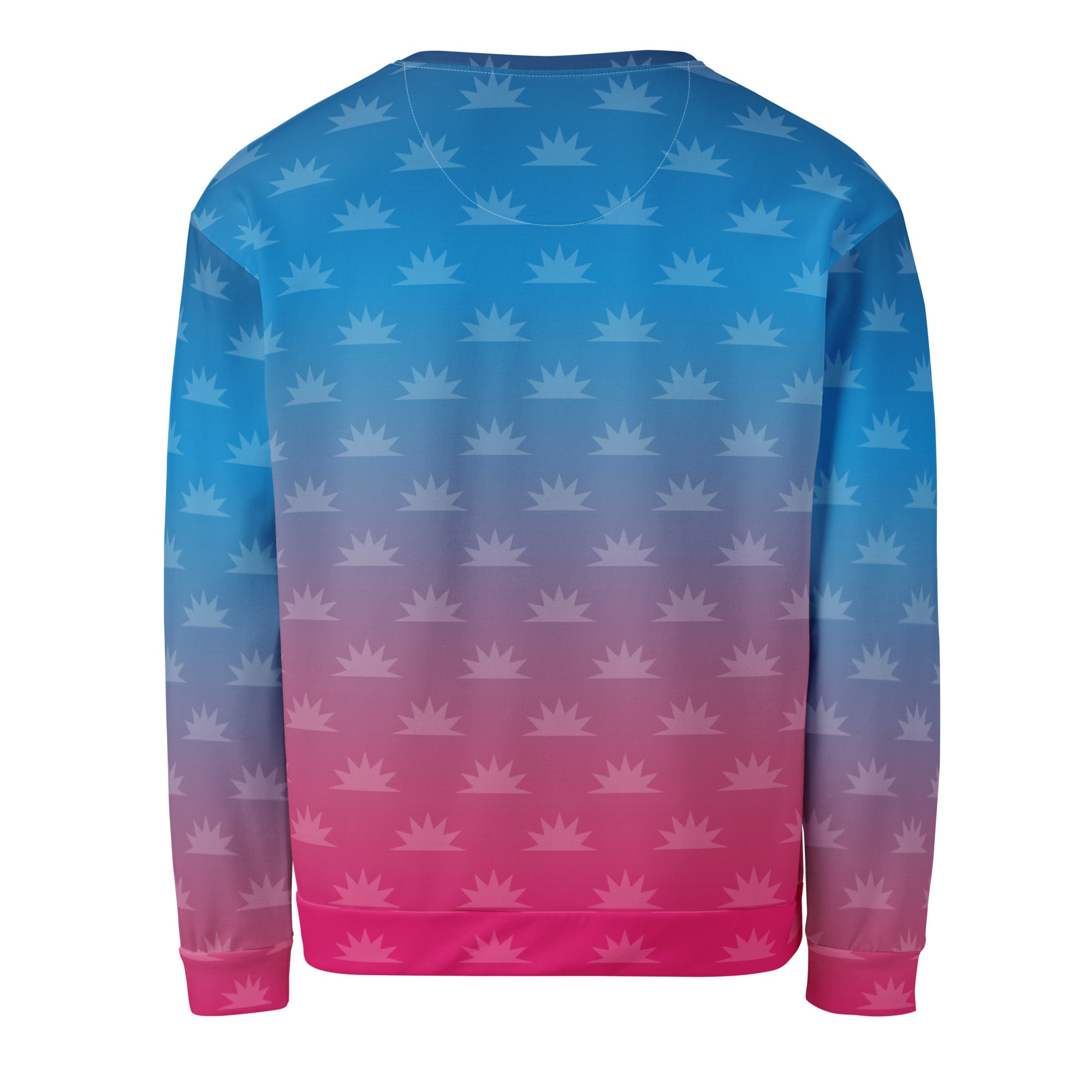 A back view of a sweatshirt featuring a gradient blue to pink design with a pattern of small, stylized sunburst shapes.