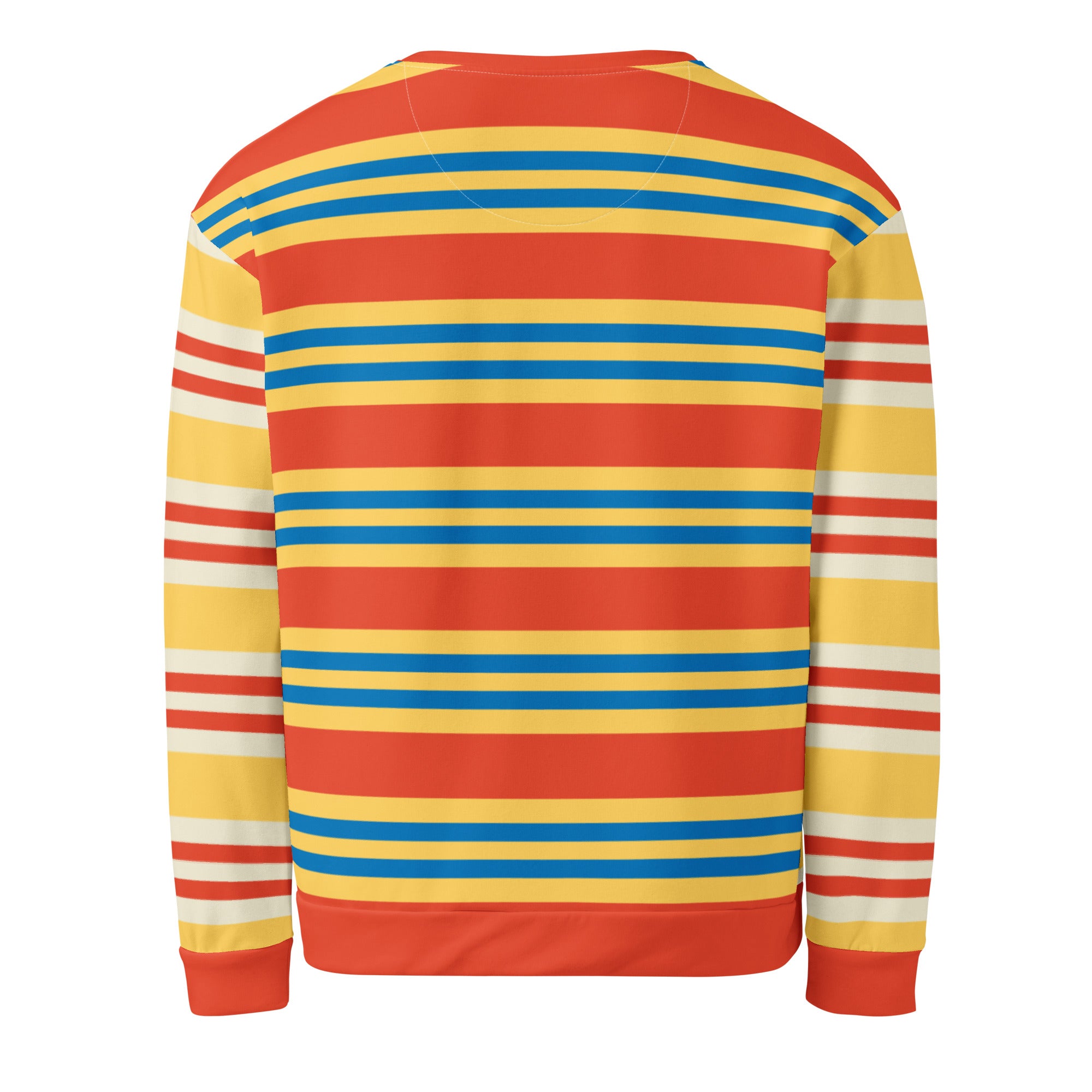 Back view of a long-sleeve crewneck sweatshirt covered in horizontal stripes in red, yellow, cream, and blue.