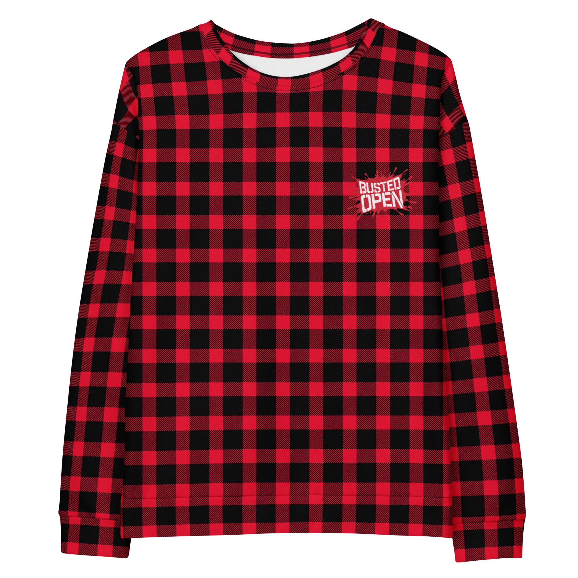 Long-sleeve red and black checkered shirt with 'BUSTED OPEN' logo on the chest.