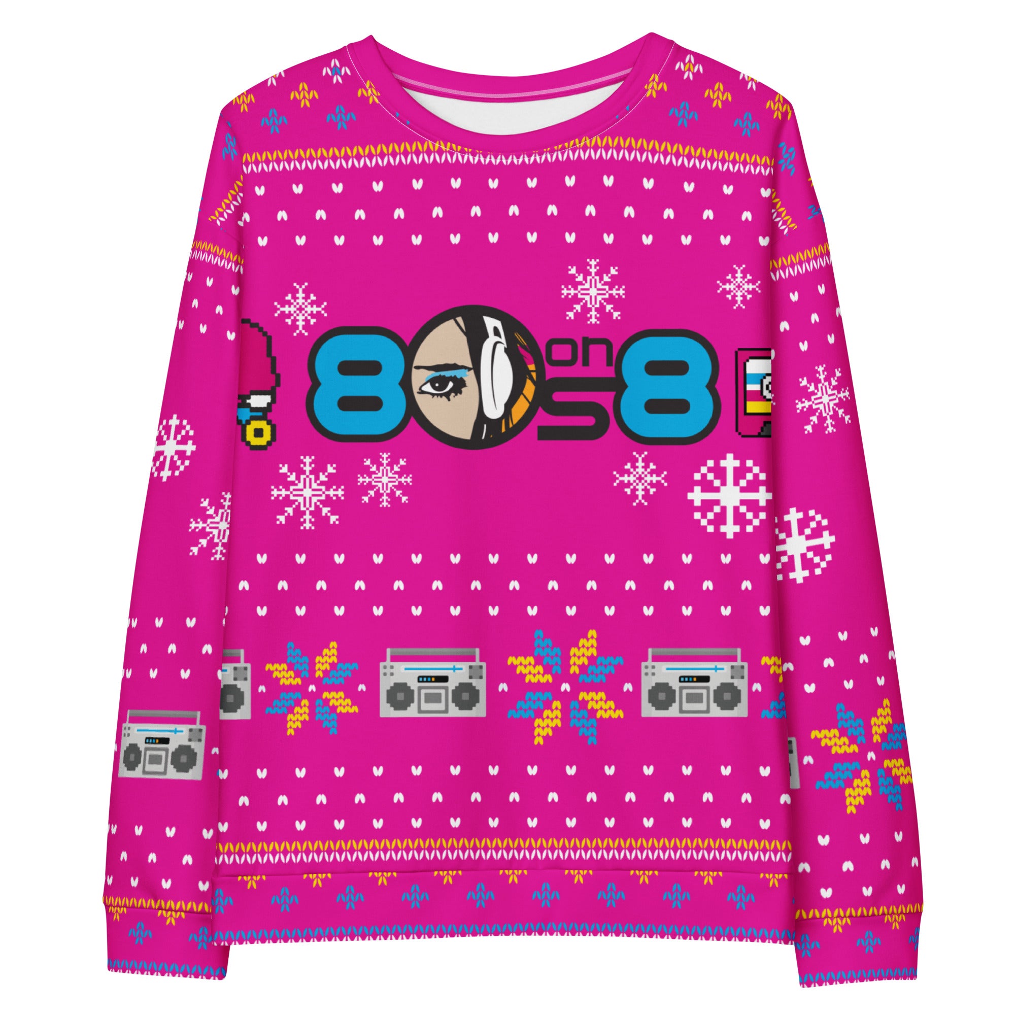 Pink holiday sweater featuring '80s-on-8' logo.