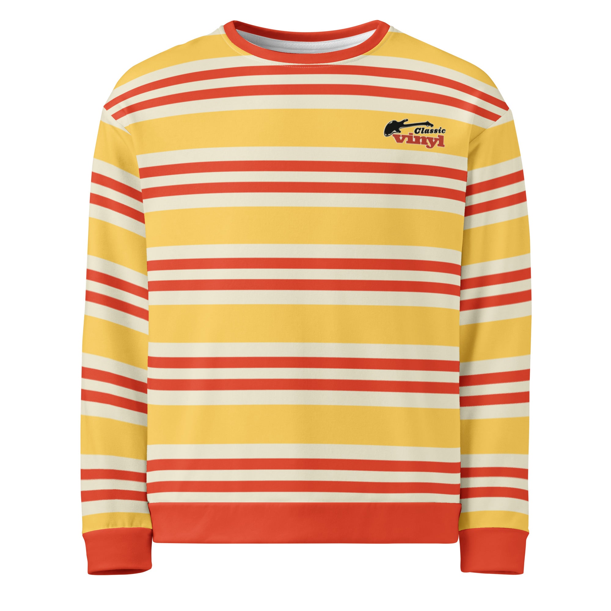 Front view of a long-sleeve crewneck sweatshirt with red, yellow, and cream horizontal stripes. The left chest features the 'Classic vinyl' logo with a black guitar silhouette and red text.