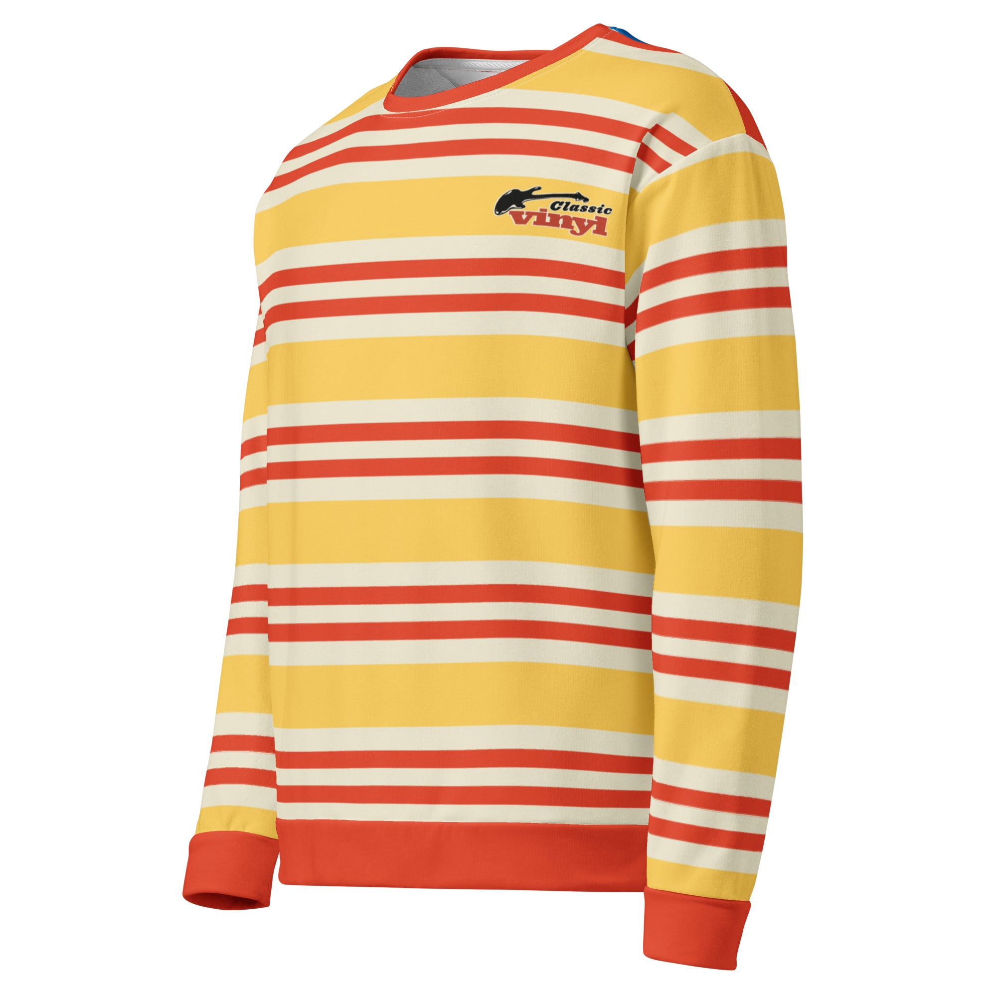 Angled front-left view of the striped sweatshirt showing red, yellow, and cream horizontal stripes, with the 'Classic vinyl' logo visible on the chest.