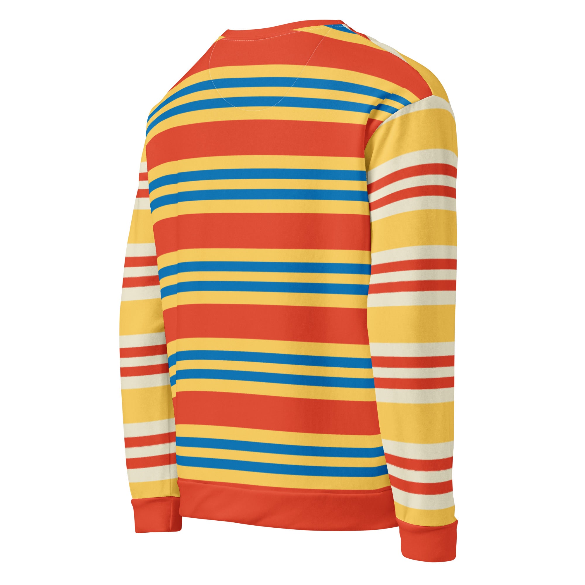 Angled back-right view of the striped sweatshirt showing alternating red, yellow, cream, and blue horizontal stripes across the back and sleeves.