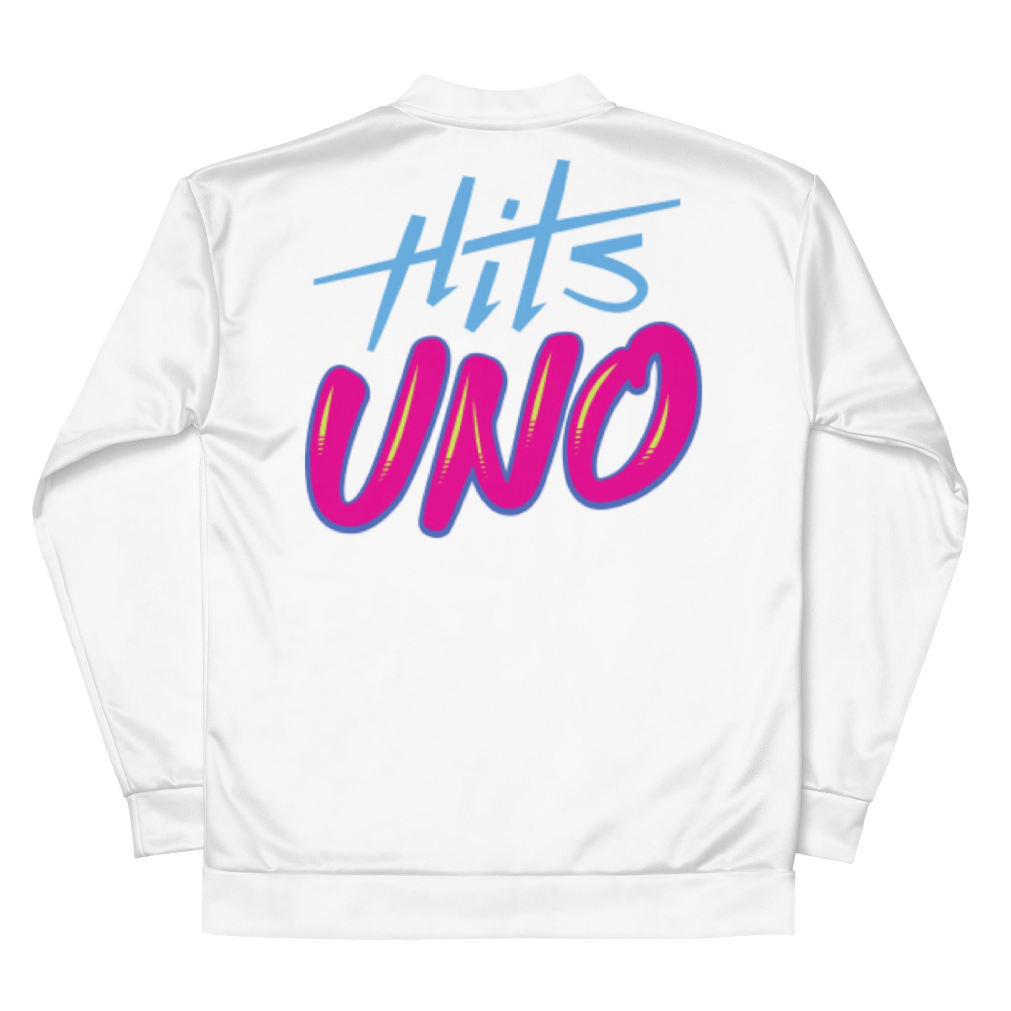 Back view of a white jacket featuring the 'HITS UNO' logo in blue and pink letters.