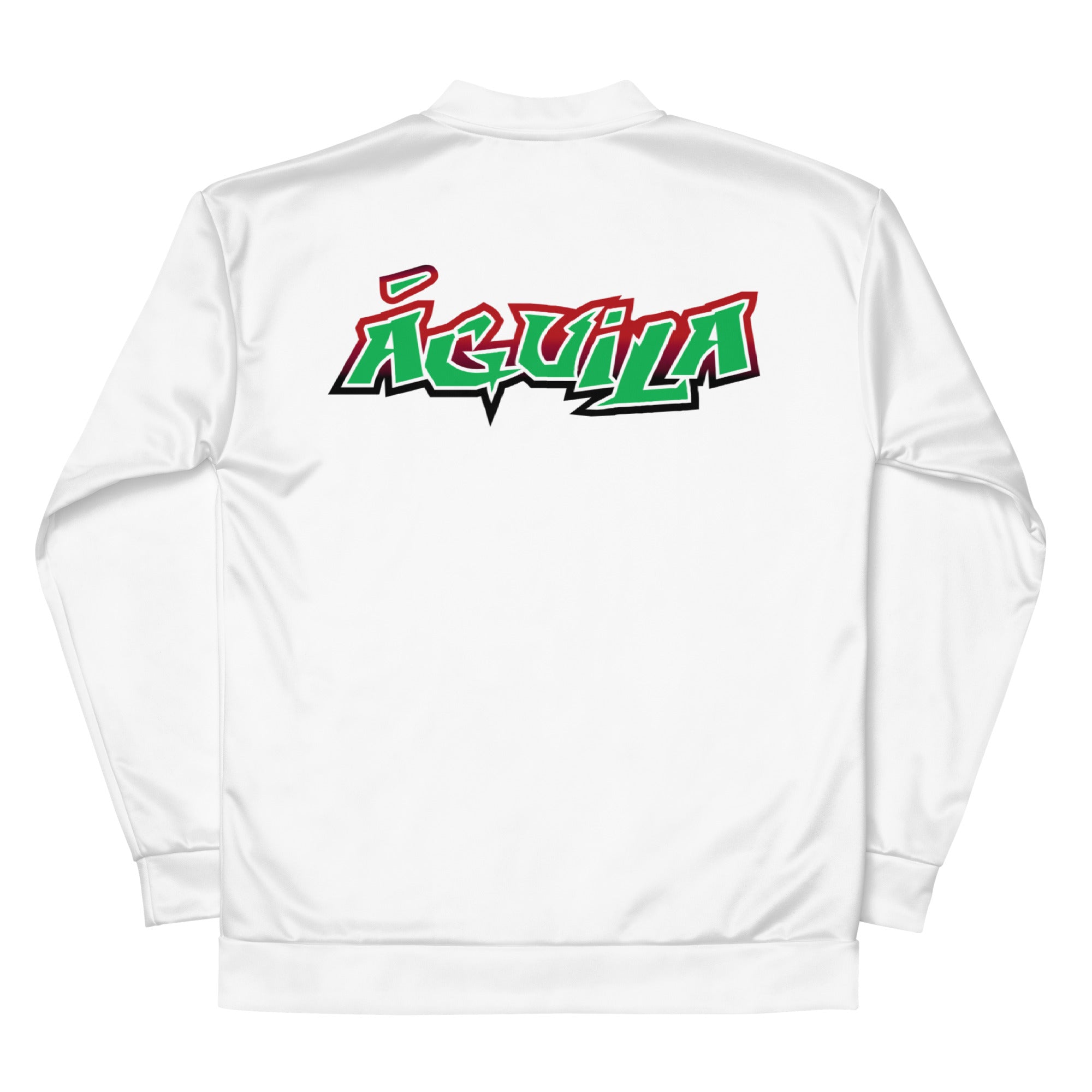 White jacket with 'ÁGUILA' stylized in red and green graffiti-like font on the back.