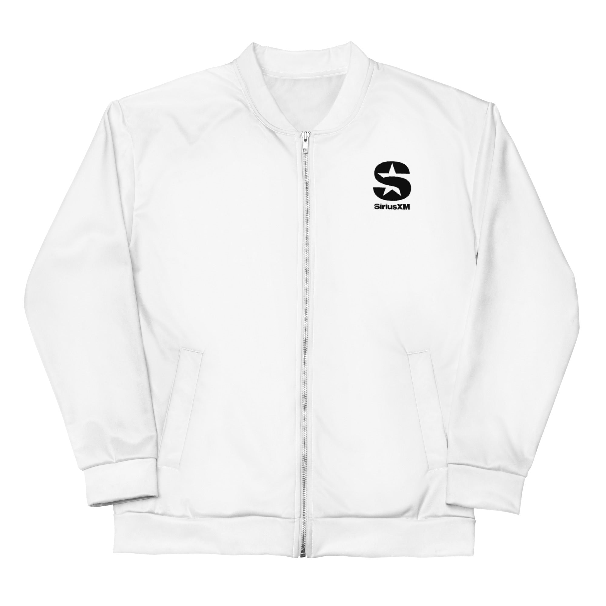 White bomber jacket with black 'SiriusXM' logo on the left chest.