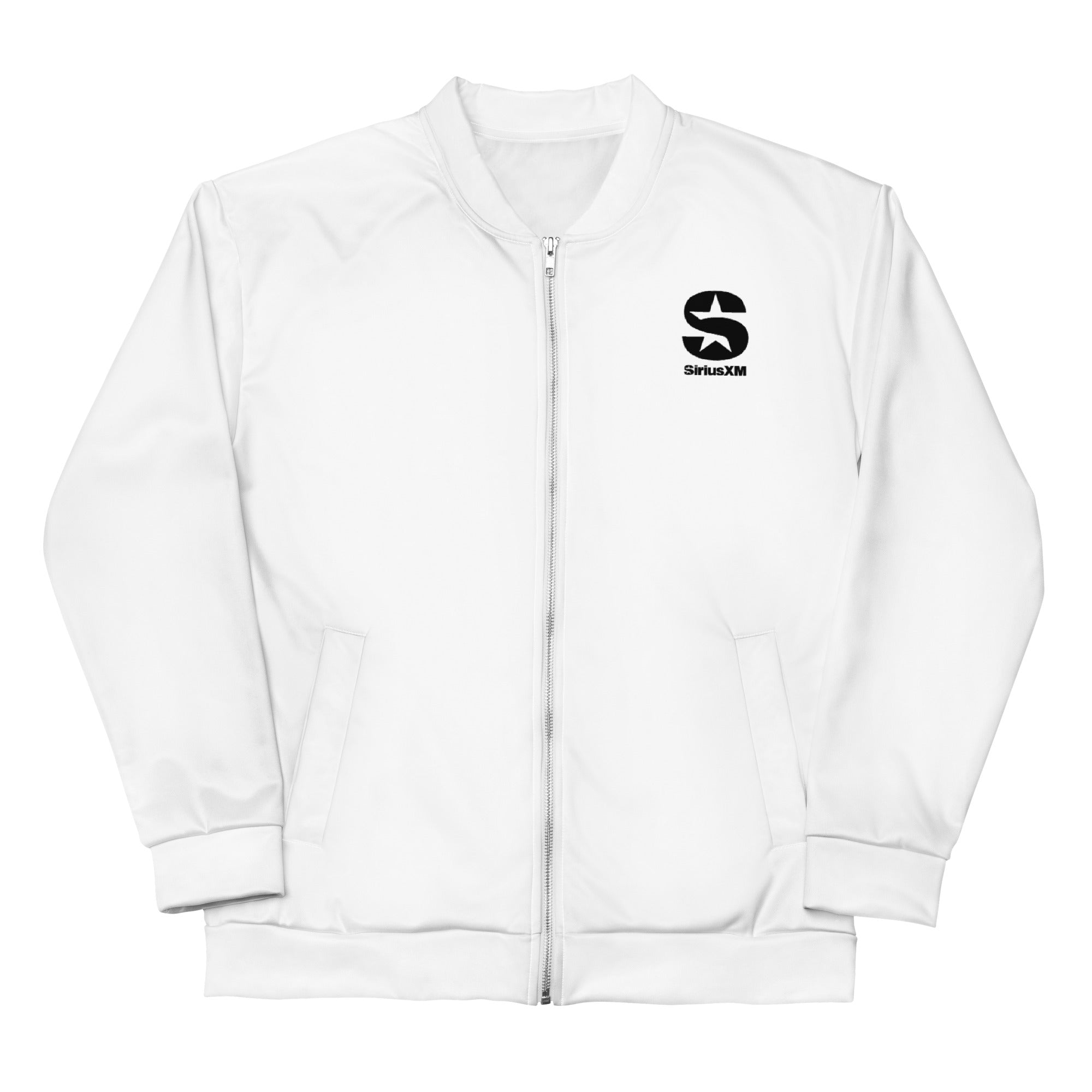 White bomber jacket with black 'SiriusXM' logo on the left chest area.
