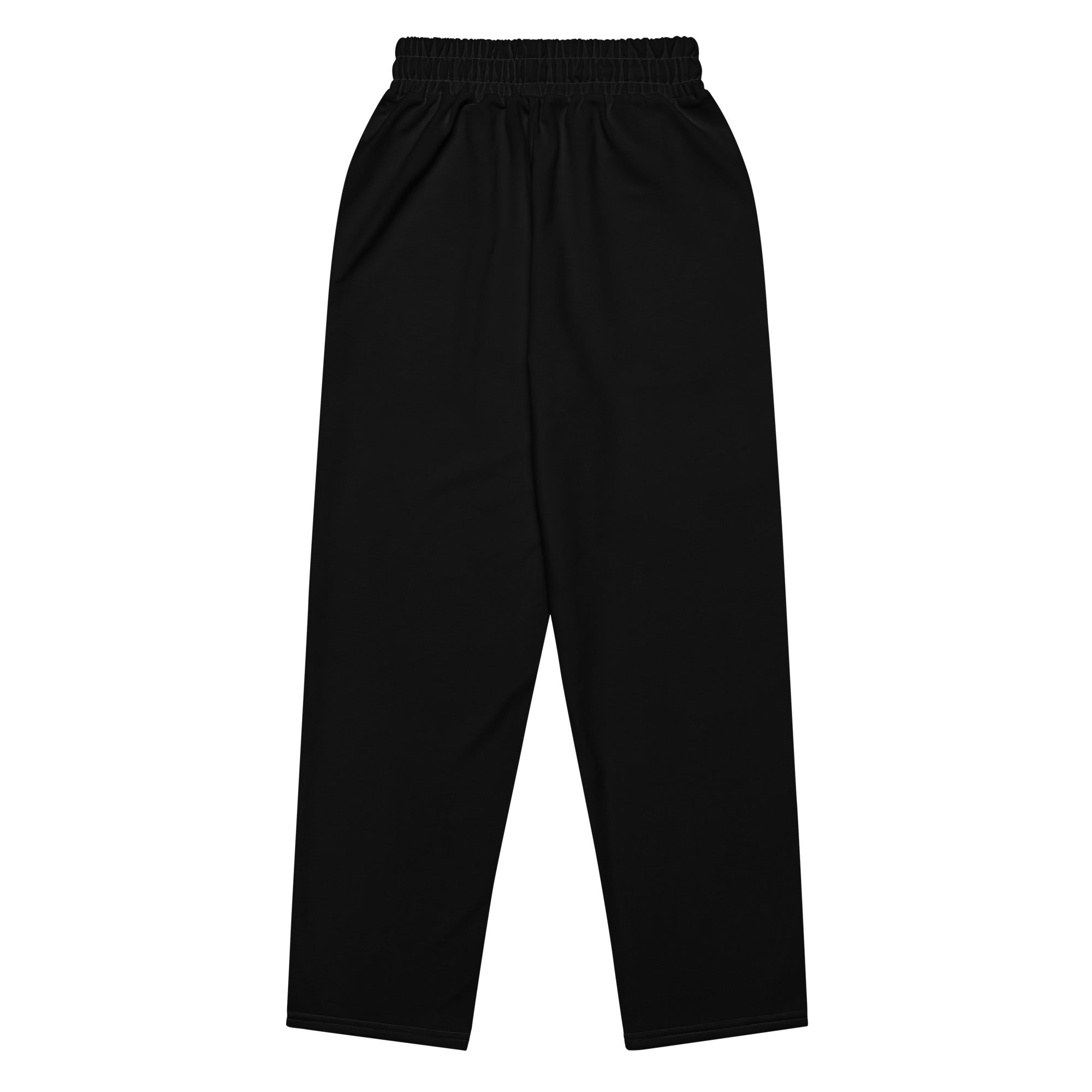 Flat lay of the back view of black wide-leg joggers featuring an elastic waistband and relaxed silhouette, shown without any visible graphics or embellishments.