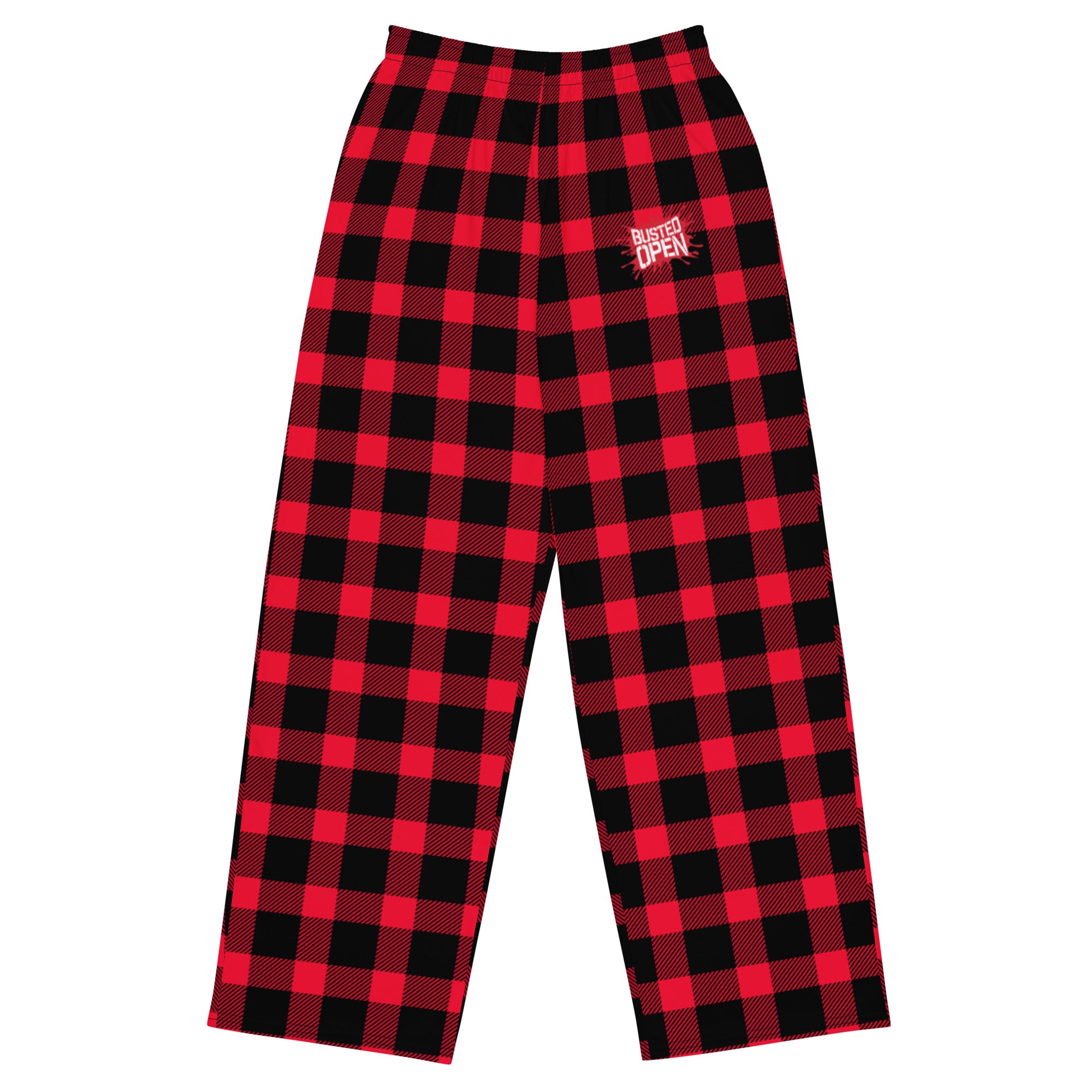 Red and black checkered pajama pants with 'BUSTED OPEN' text on the front.
