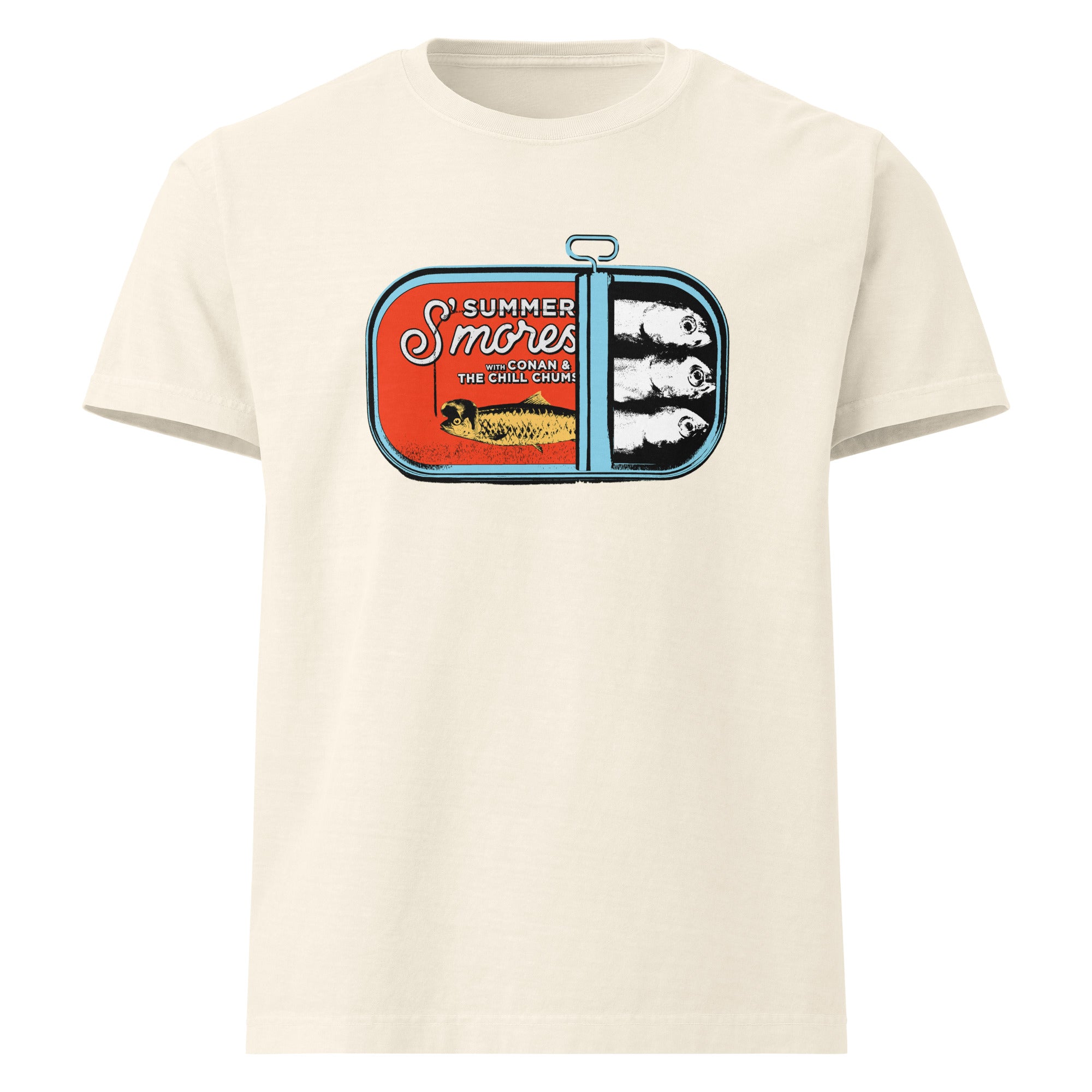 Flat lay of a vintage white unisex t-shirt with an orange, yellow, and blue 'Summer S’mores with Conan & the Chill Chums' sardine can graphic printed on the front.
