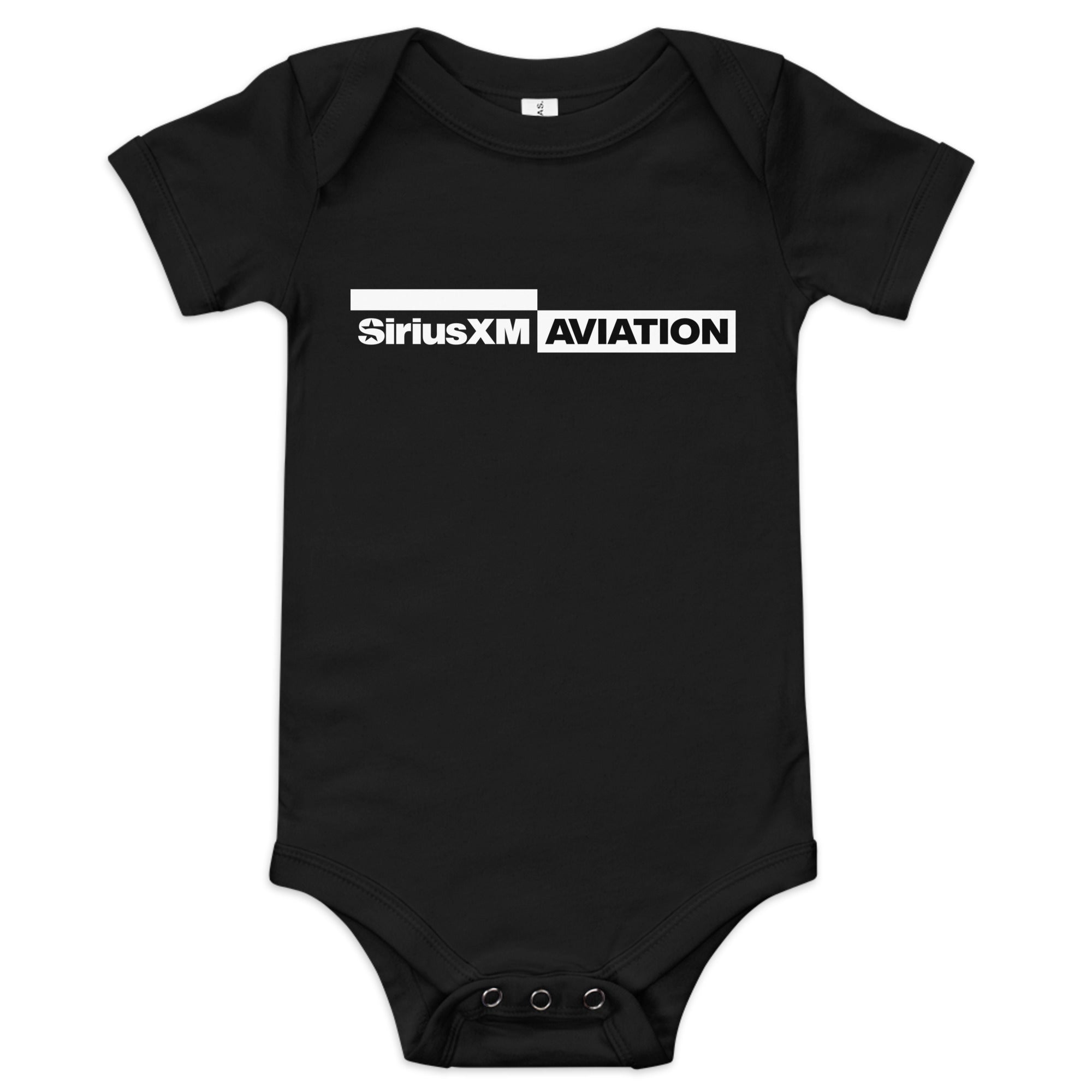 Black baby onesie featuring the SiriusXM Aviation logo in white text.