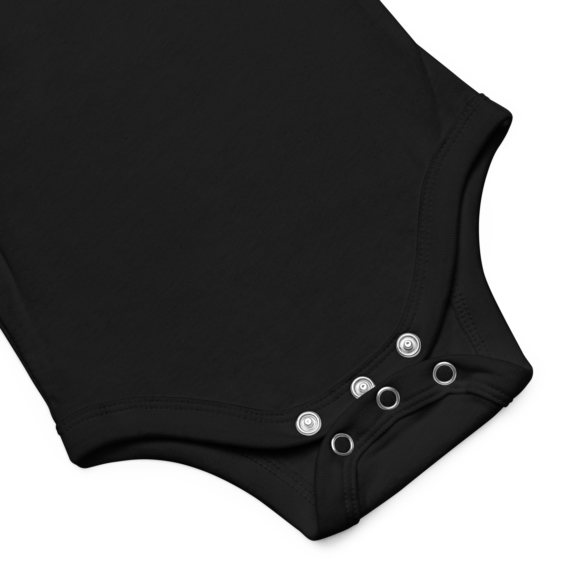 Black bodysuit with snaps at the bottom, detail of the fabric and edges visible.