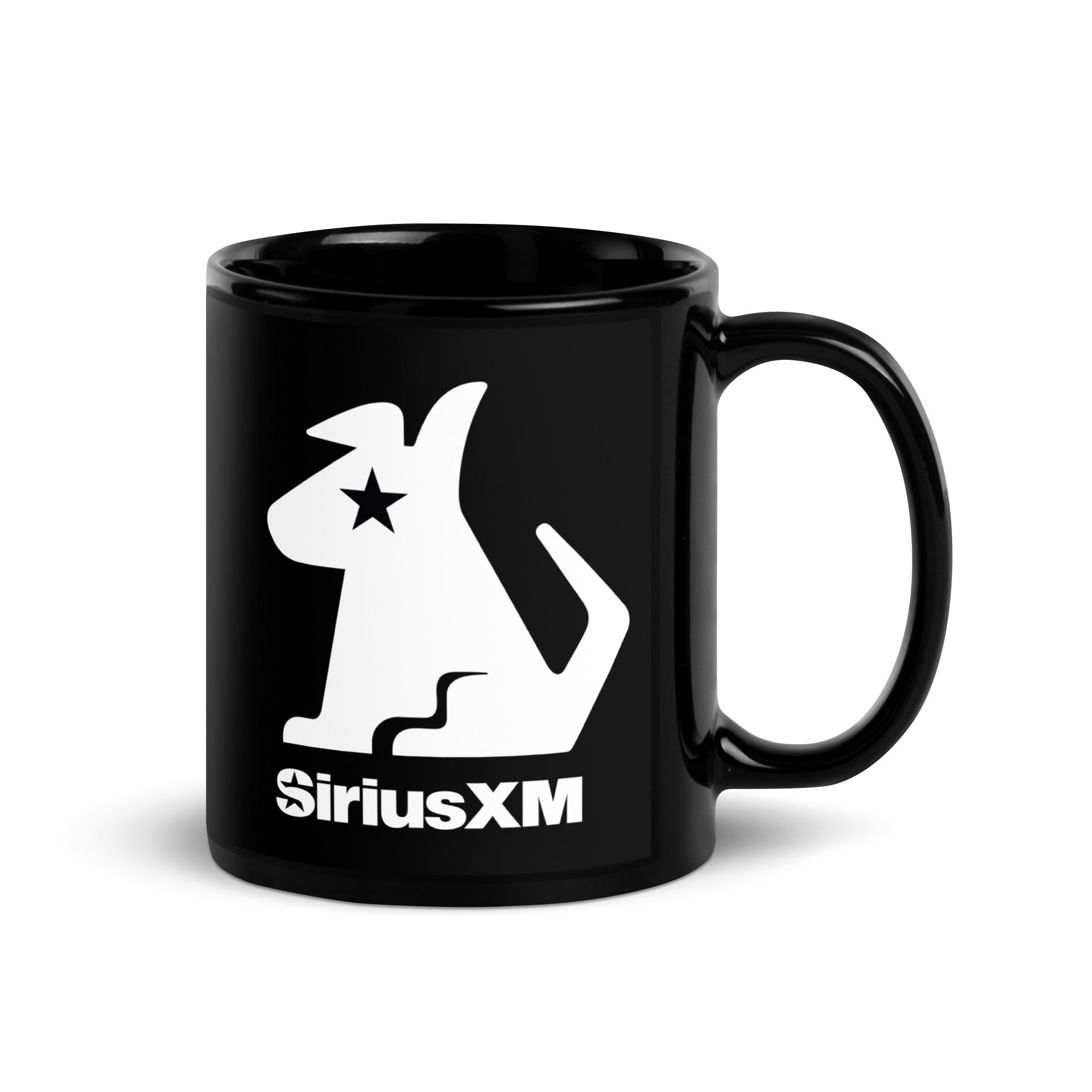 Black mug featuring the 'SiriusXM' logo with a stylized dog and star design.