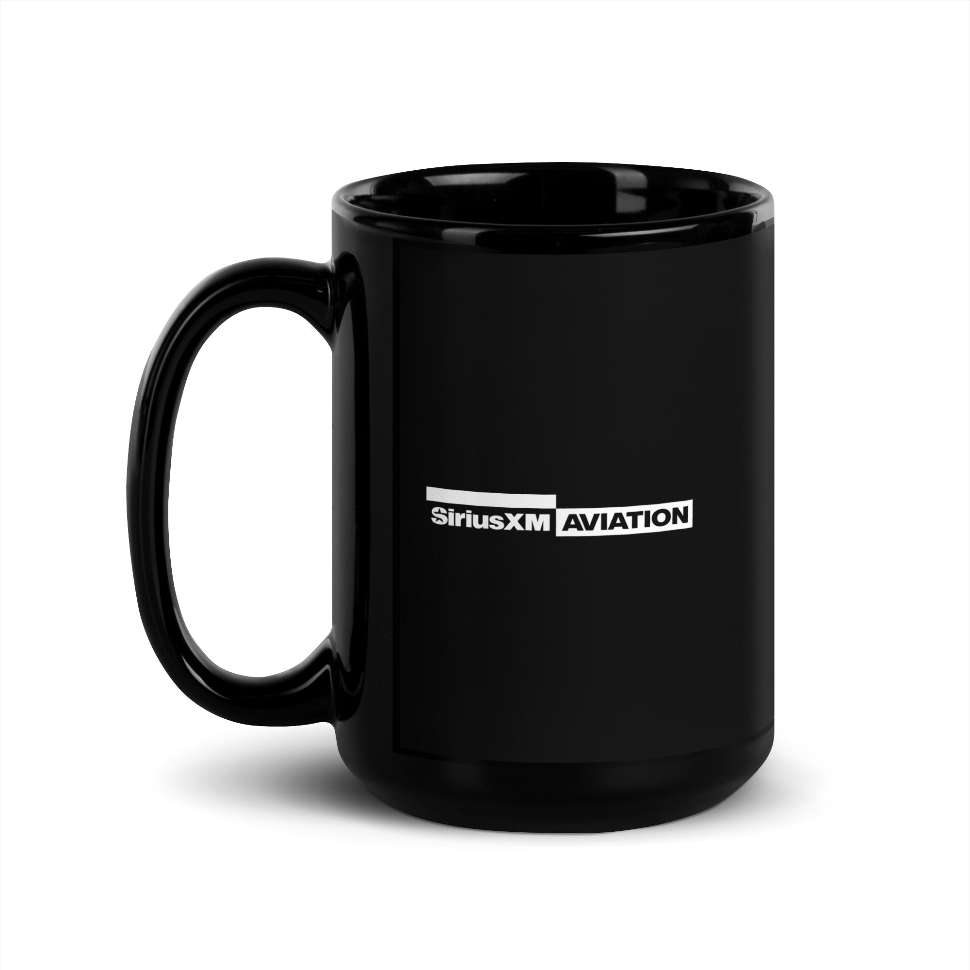 Black mug featuring the SiriusXM Aviation logo.