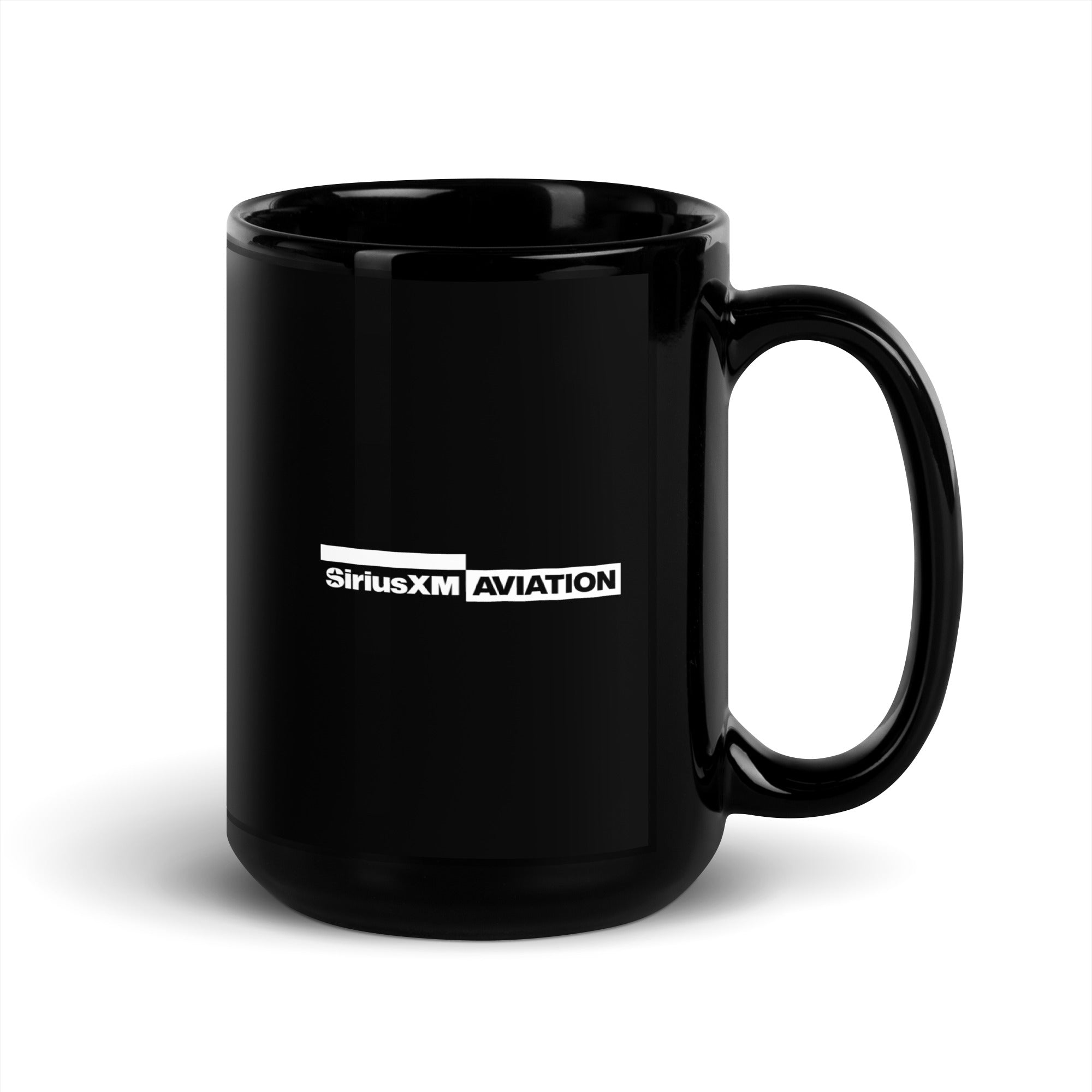 Black ceramic mug featuring 'SiriusXM AVIATION' logo in white text.
