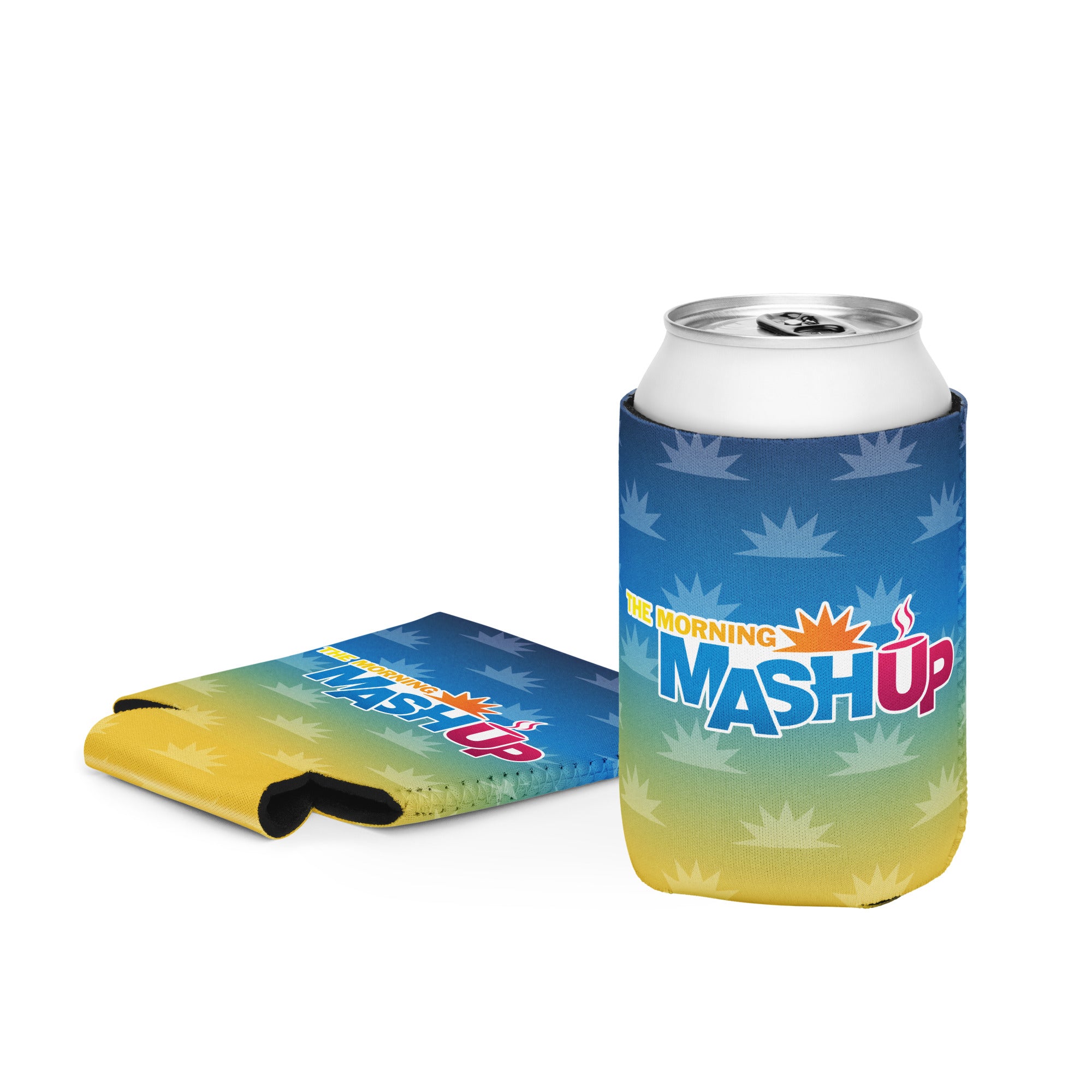 Brightly colored drink koozie featuring 'THE MORNING MASHUP' text/logo, with a gradient blue to yellow design and a cold beverage inside.