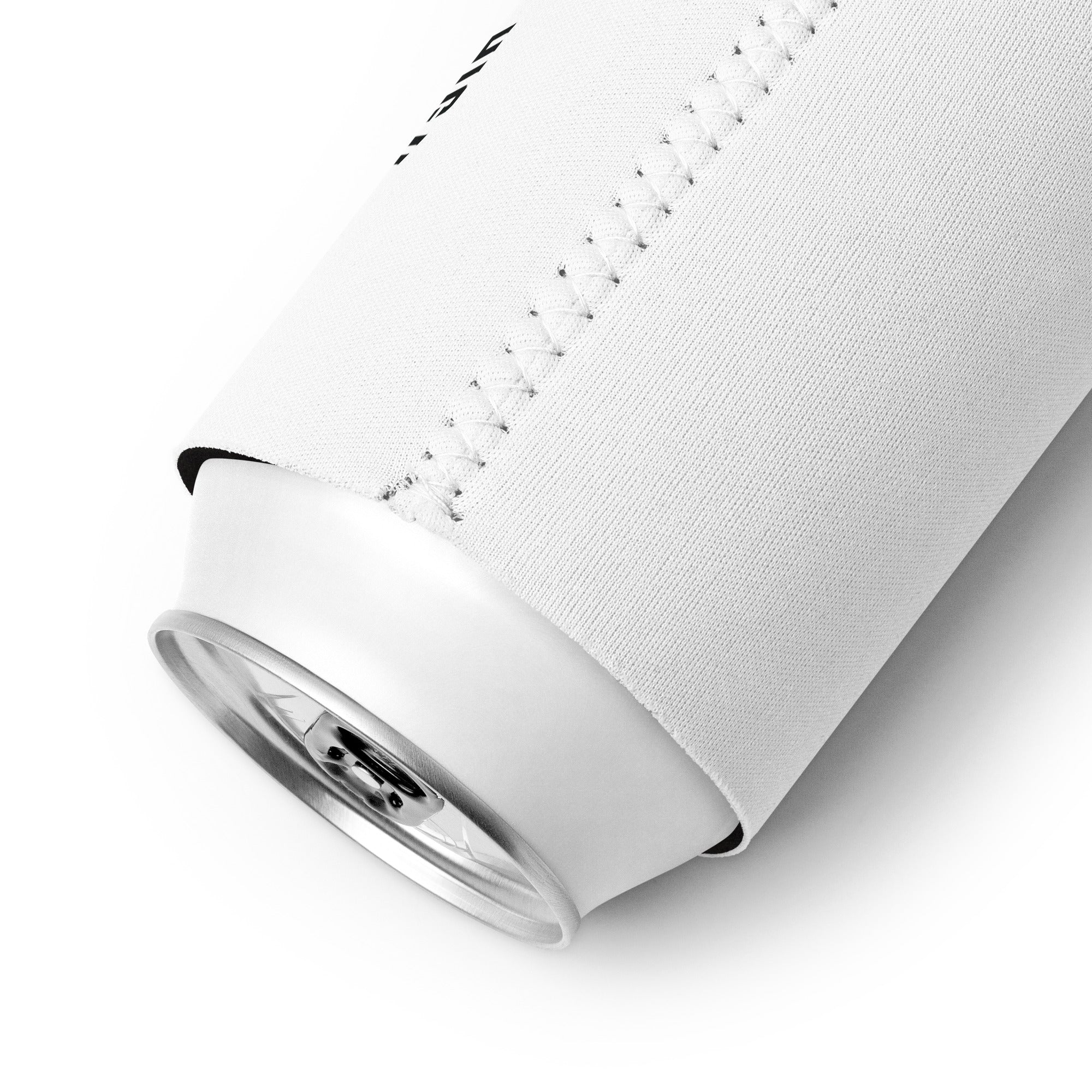 A close-up view of the side seam stitching on the white can cooler, wrapped around a can. Part of the black printed text is visible on the edge.