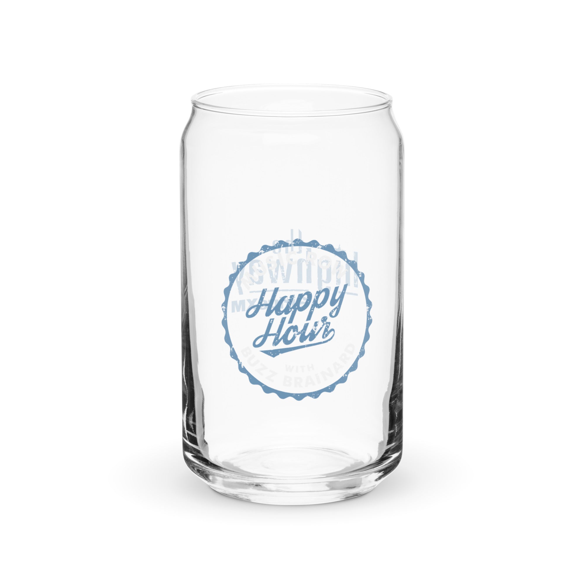 Clear glass featuring a blue circular 'Happy Hour with Buzz Brainard' design.