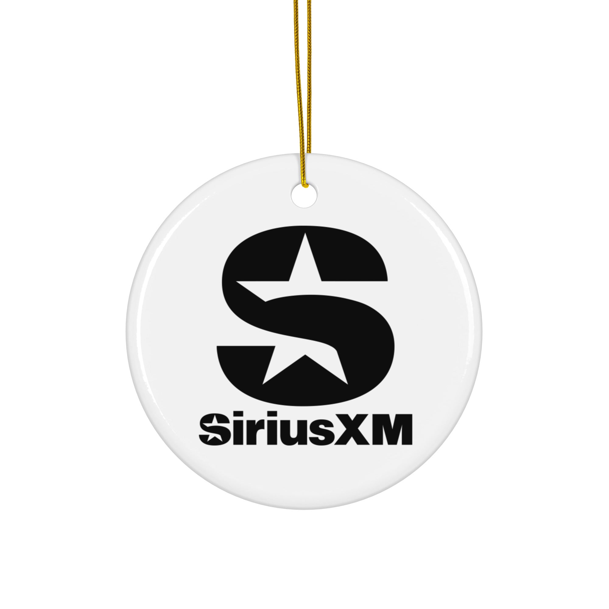 White round ceramic ornament with a gold hanging string, featuring the black ‘SiriusXM’ logo with the stylized ‘S-Star’ icon above the text.