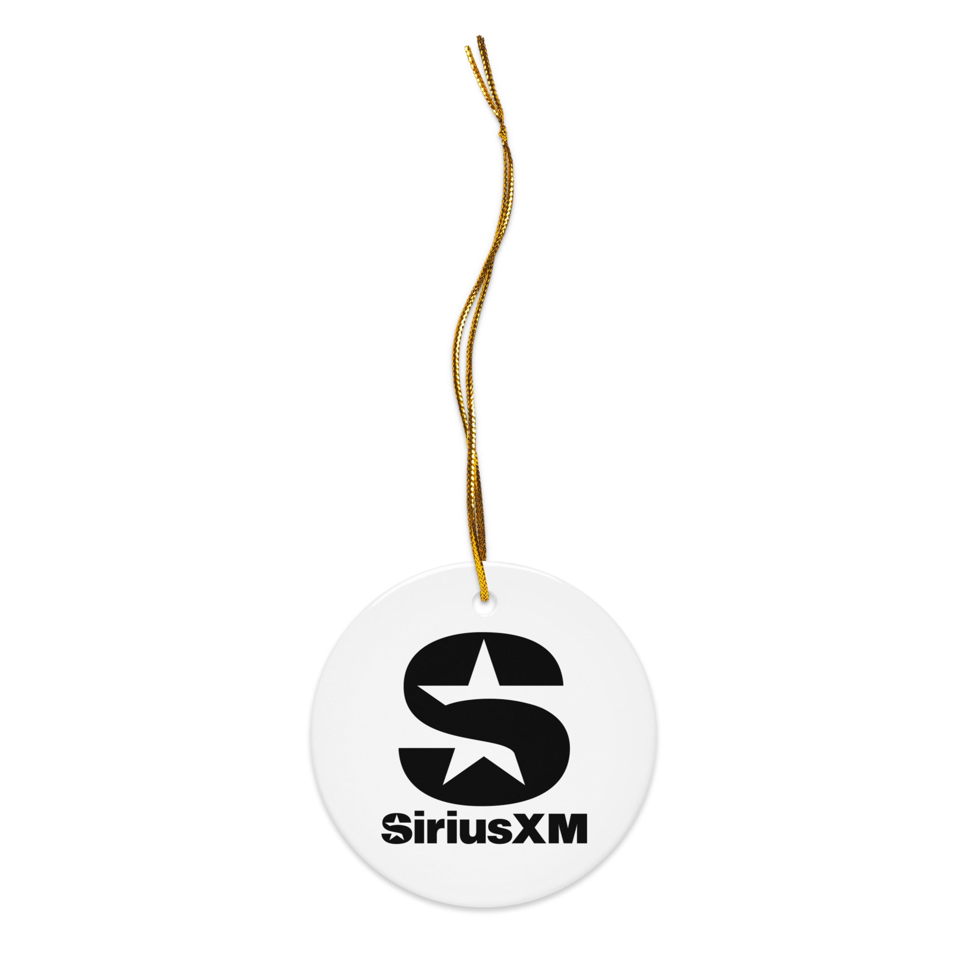 White ceramic ornament hanging from a gold string, printed with the black ‘SiriusXM’ logo and the large ‘S-Star’ emblem above the brand name.