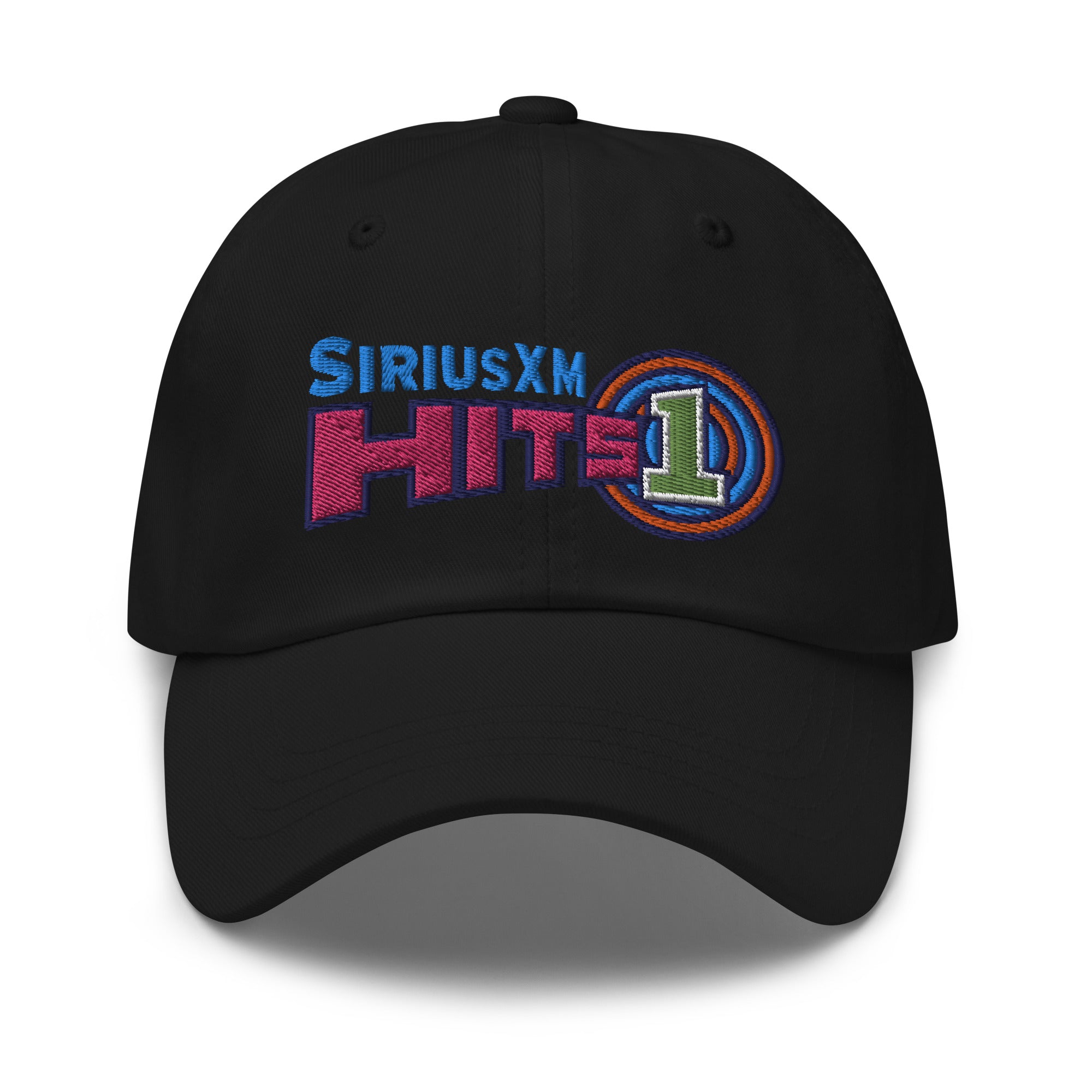 Black cap with colorful embroidered 'SiriusXM Hits 1' logo on the front. Colors include blue, pink, line green and orange.
