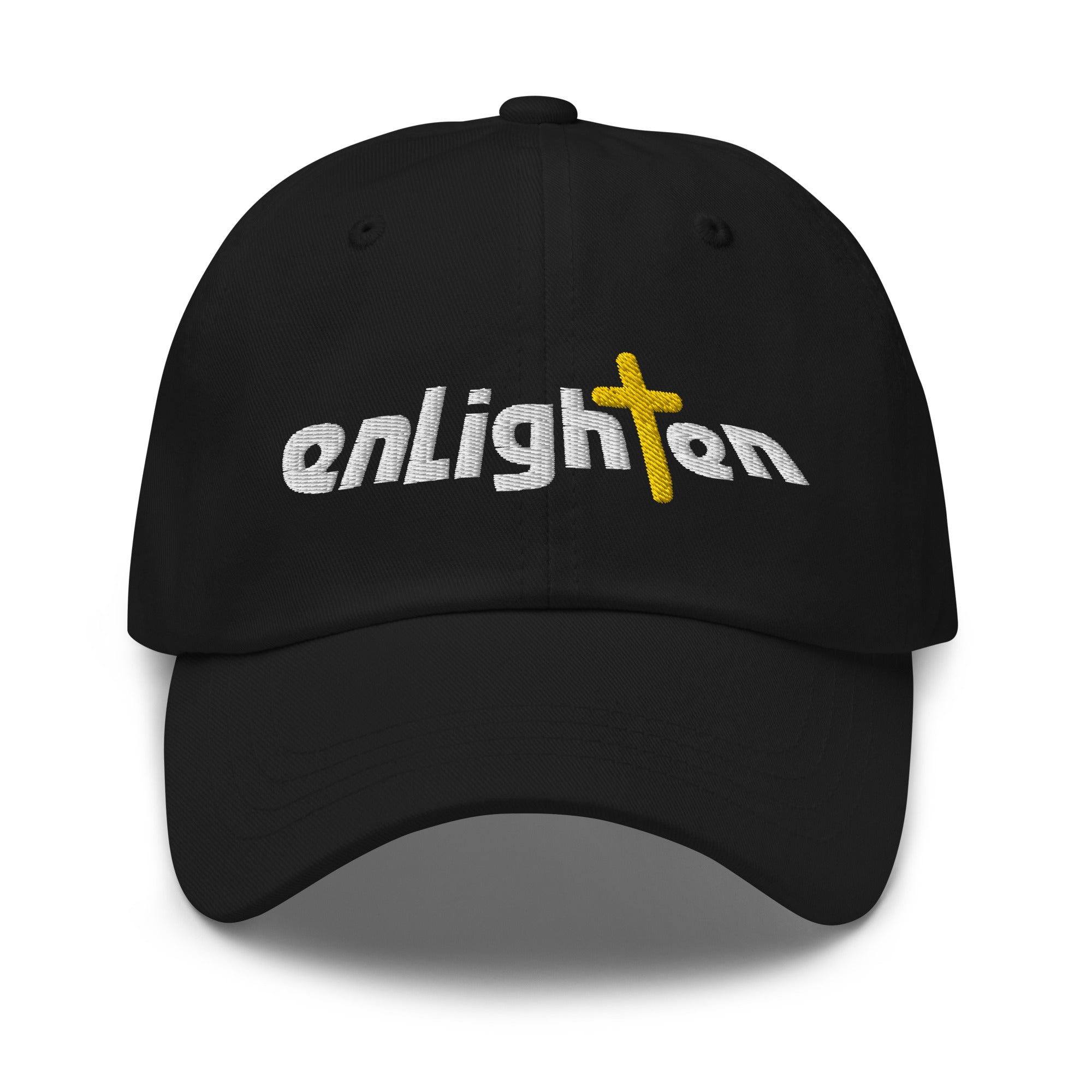 Black baseball cap with 'enLighten' embroidered in white and yellow, featuring a yellow cross.
