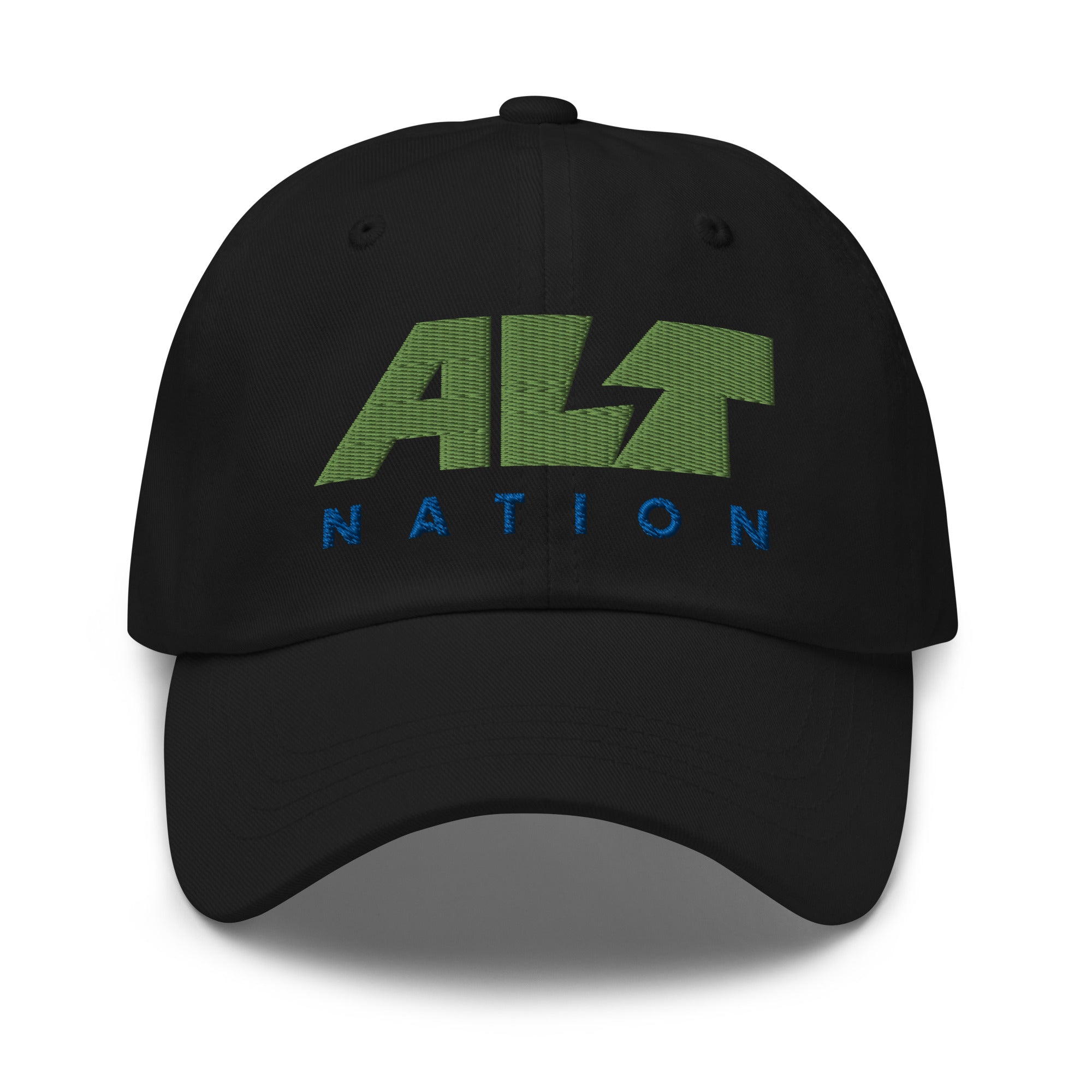 Black cap featuring 'ALT' in green and 'NATION' in blue. Embroidered.
