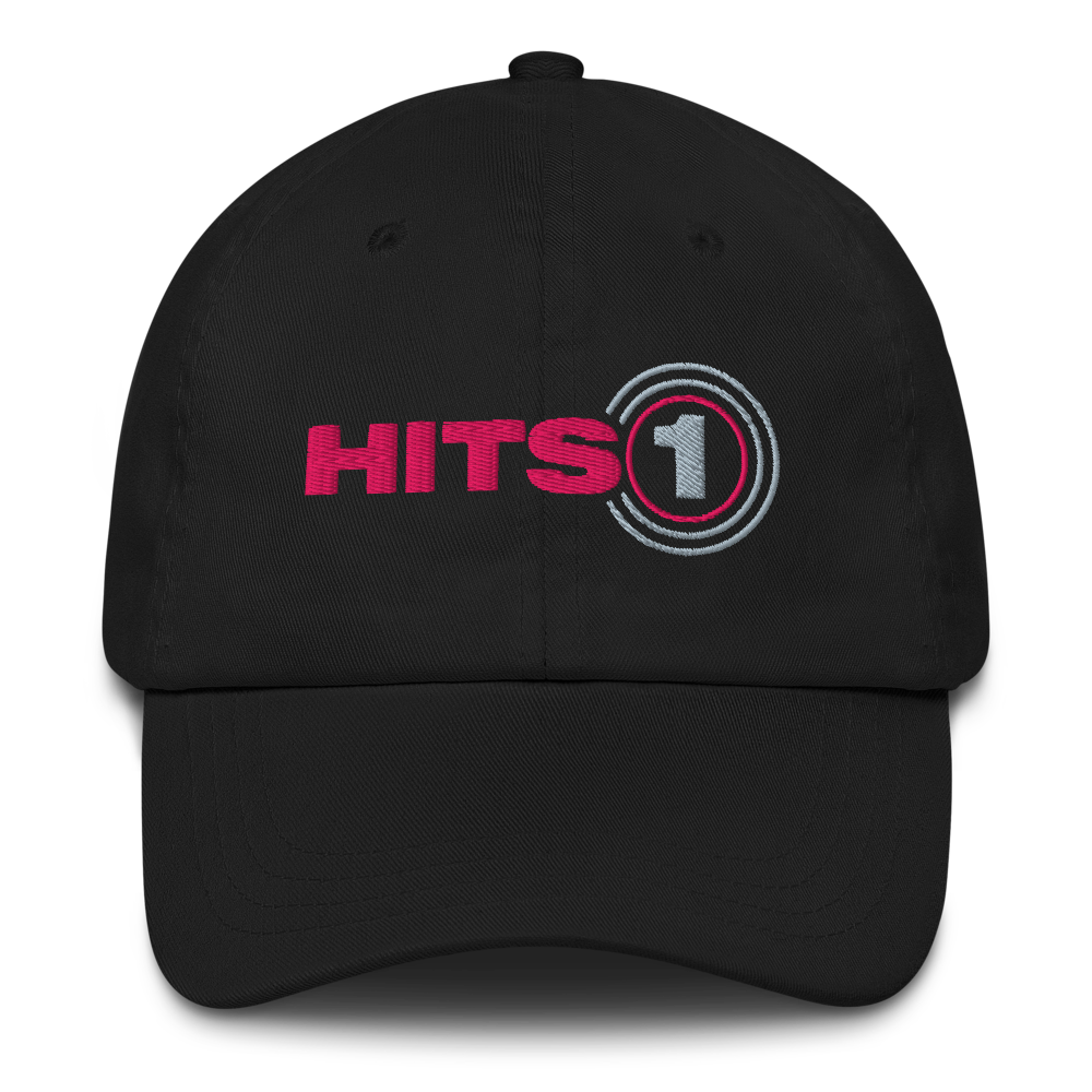 Product mockup of black hat with Hits 1 logo on front in pink and light grey.