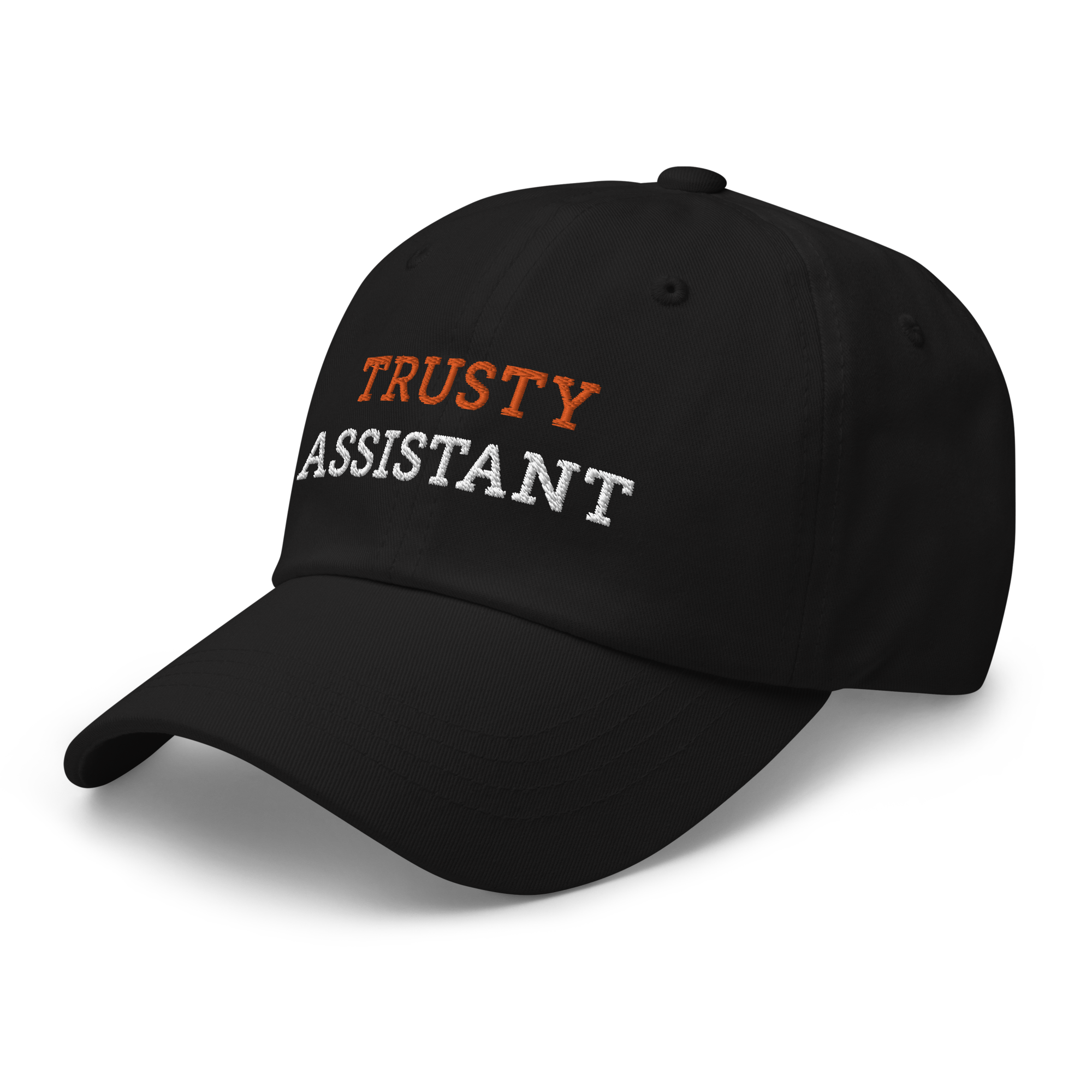 Black cap with the words 'TRUSTY ASSISTANT' embroidered in orange and white angled to the left on a black background.
